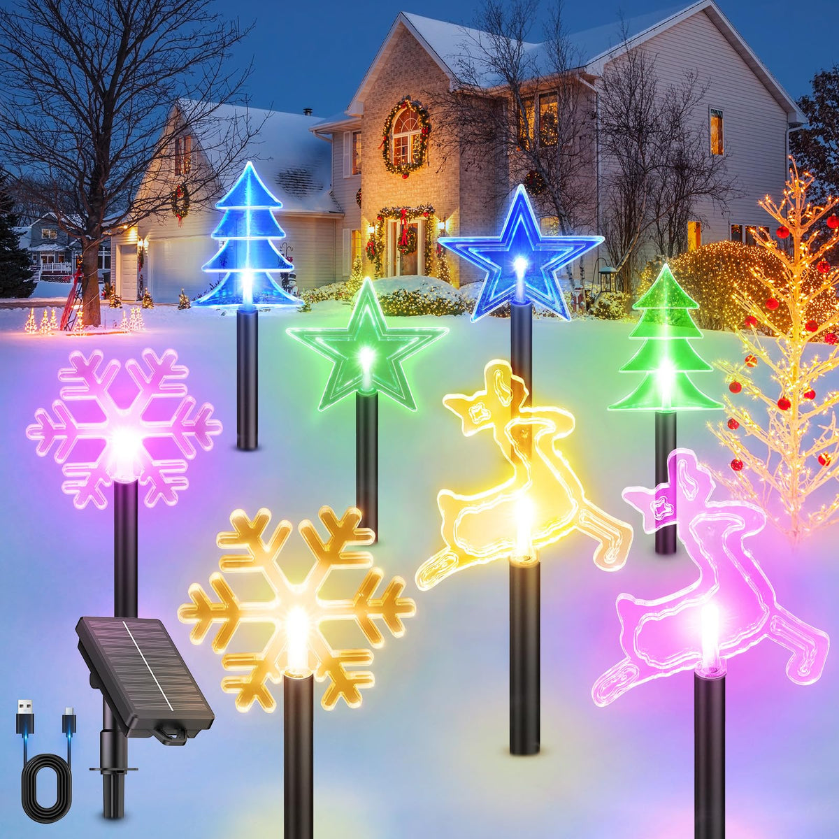 Bucasa Christmas Decorations Outdoor, 8 Pack 10 Modes Solar Christmas Pathway Lights Outdoor Waterproof With Usb Charge, Solar C
