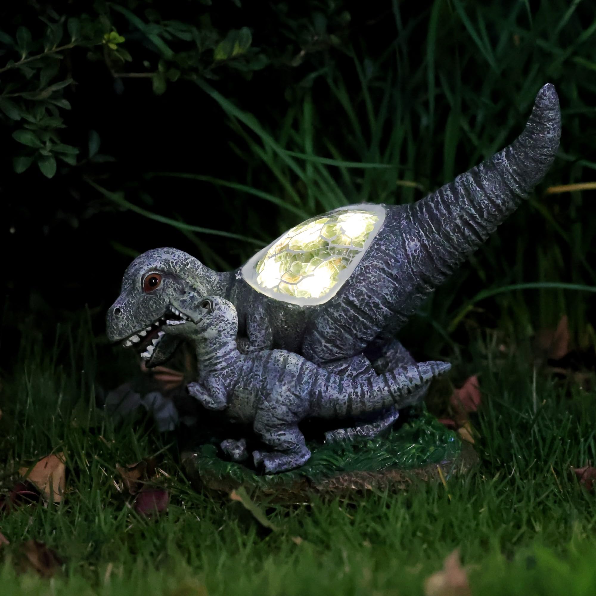 Rezpuao Garden Statue Dinosaur, Solar Light Outdoor Decor, Resin Figurine, Gray, Model CA81401