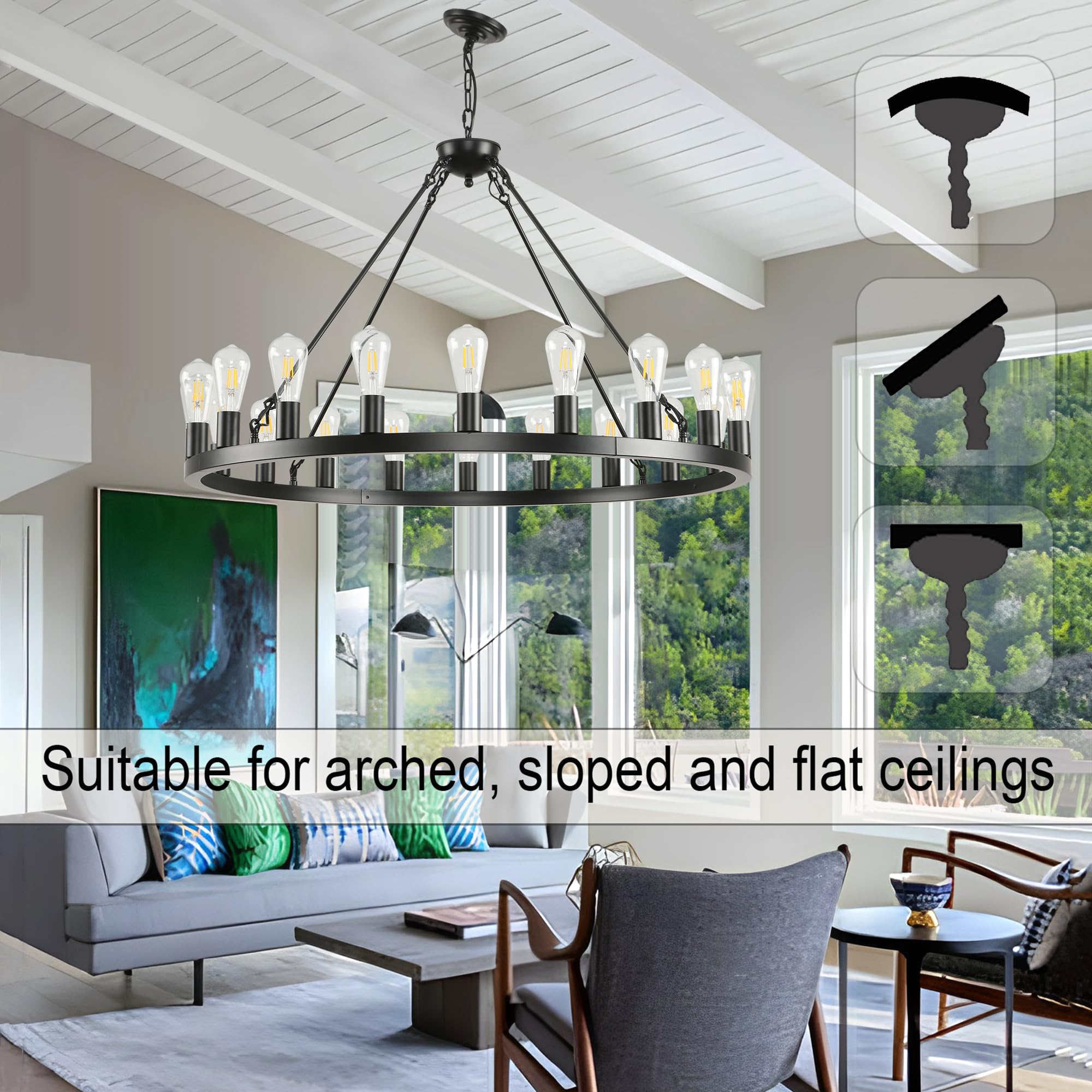 Sarudiir 40 Inch Black Wagon Wheel Chandelier 20-Light Farmhouse Round Wheel Chandeliers Hanging Light Fixture Outdoor Wagon Whe