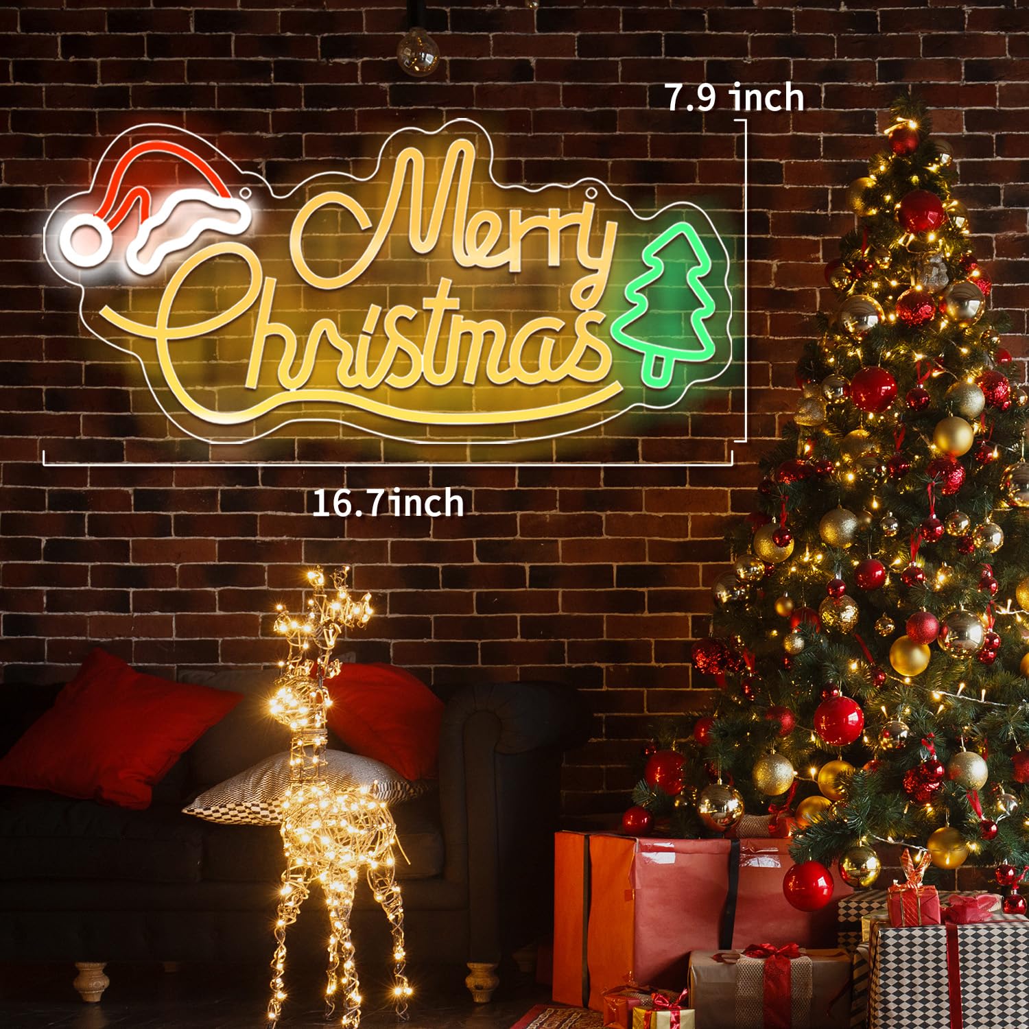 LightsUp Neon Christmas Sign, USB Powered, Warm White LEDs, 16.7 x 7.9 Inch, Acrylic, White, Xmas Tree & Santa Hat Design