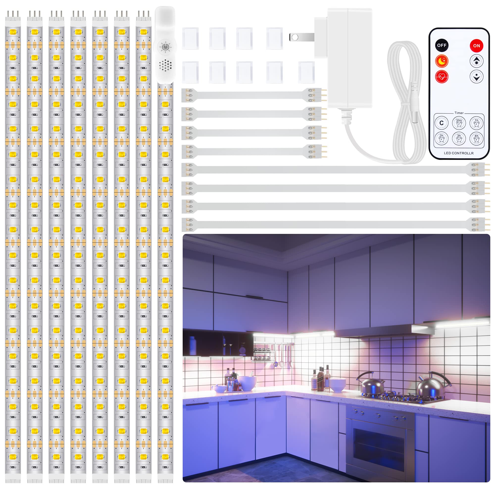 LAFULIT Under Cabinet Lighting Kit, 8PCS Flexible LED Strip Lights, 13FT, 6000K Daylight White, Remote & Power Adapter, Model BS-28WW60-V
