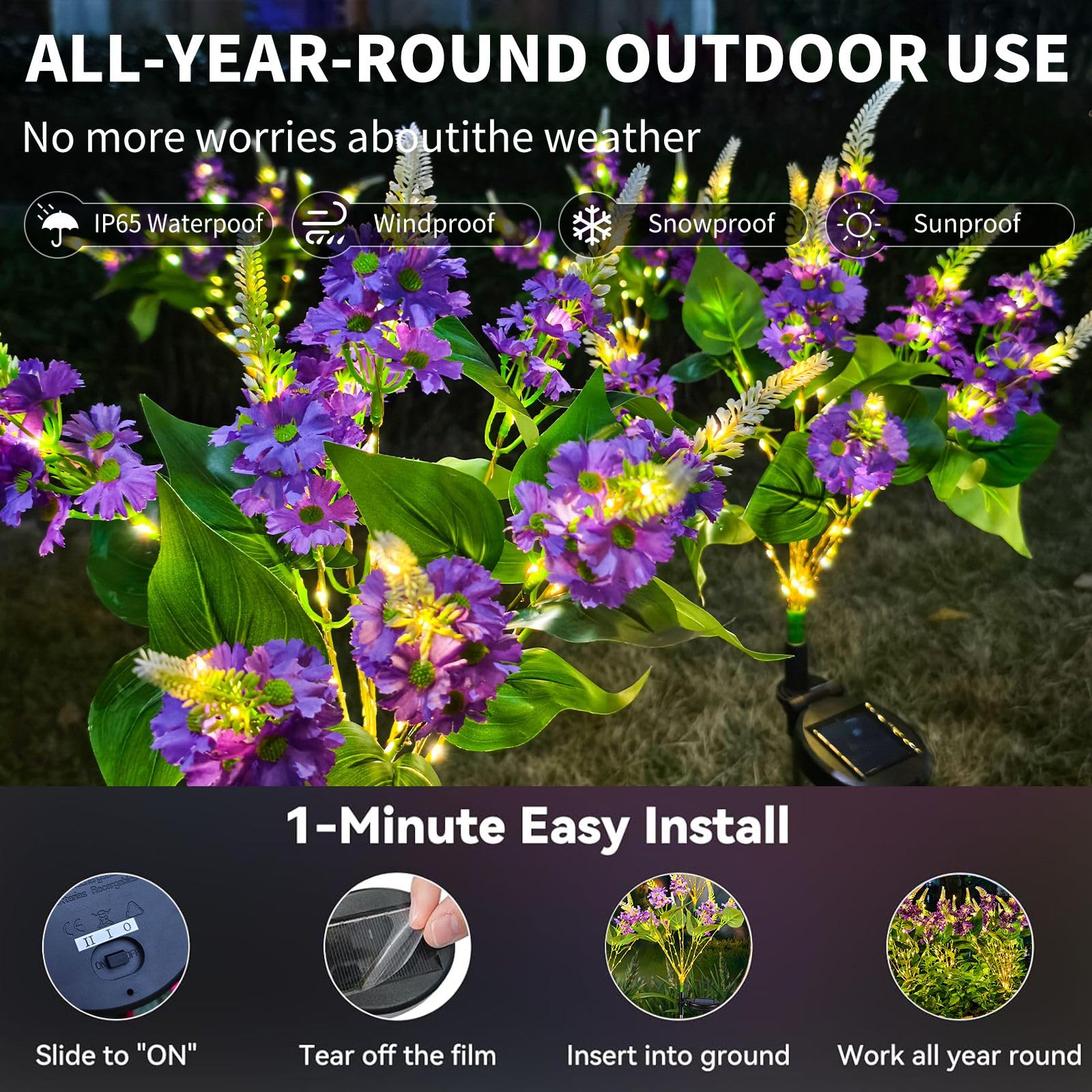 Neporal Solar Flowers Outdoor Waterproof Garden Lights, 8-Stem, 2 Lighting Modes, Purple-2PK
