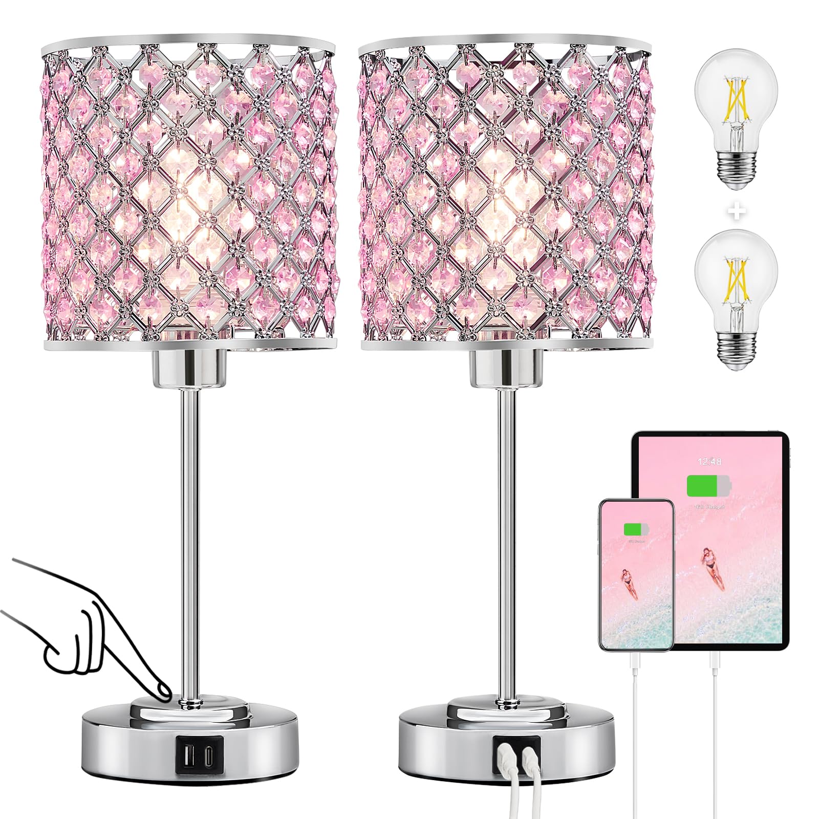 Crystal Table Bedside Lamp Touch Control, 3-Way Dimmable Small Nightstand Lamp Set of 2 with USB-C+A Charging Ports, Decorative 