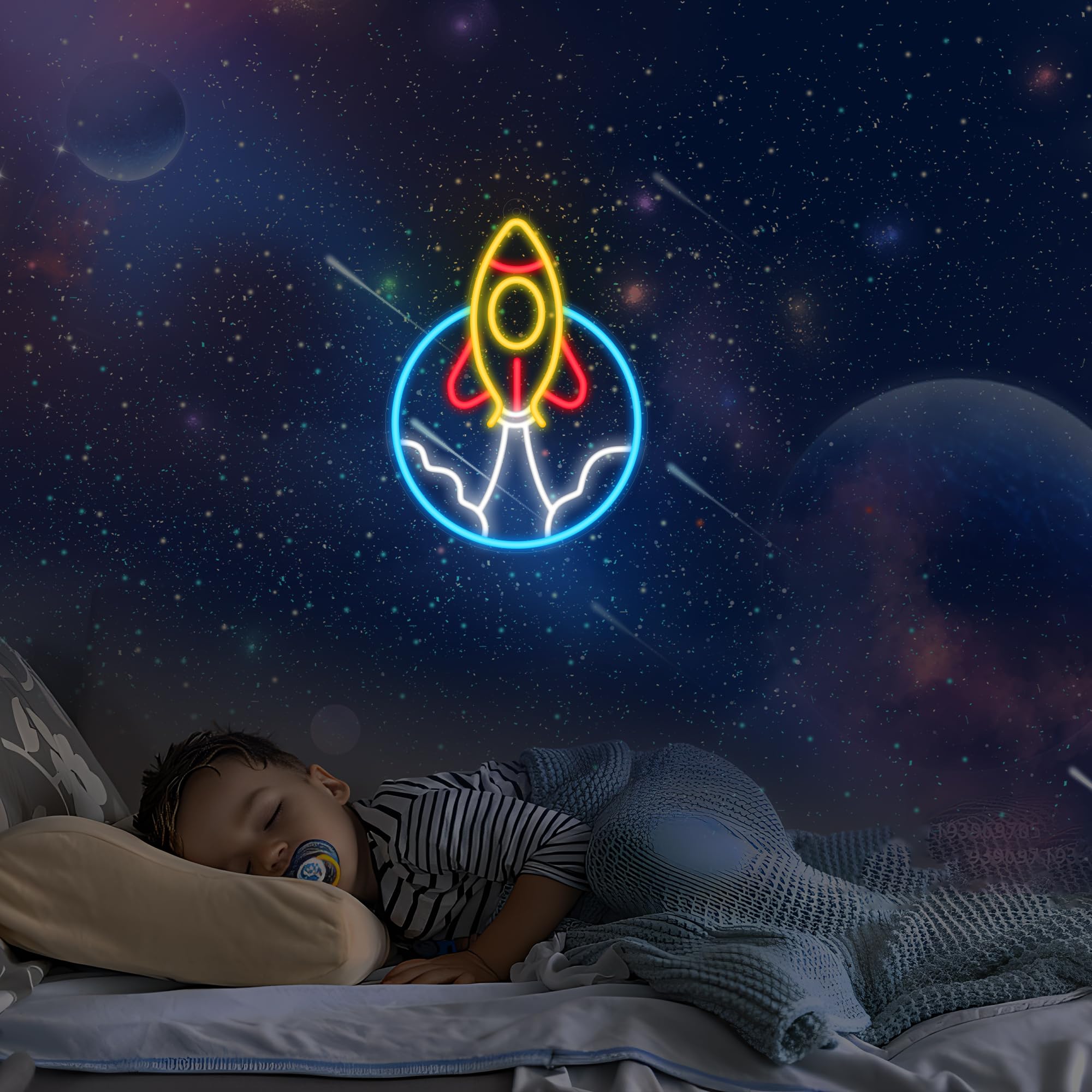 CoolGift Mart Rocket Neon Sign, LED Light Room Decor, USB Powered Light Up Space Element Universe Theme Decoration, for Bedroom