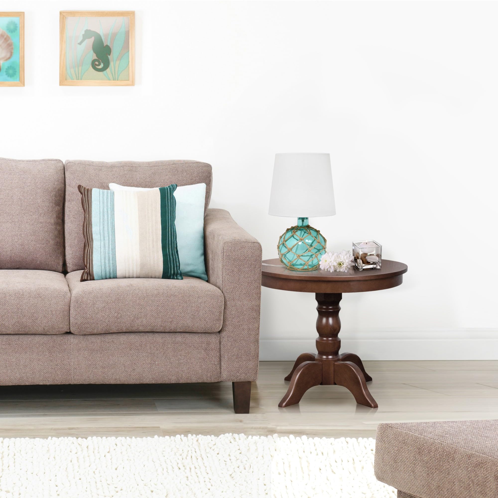 Elegant Designs Lt1050-Aqu Buoy Rope Nautical Netted Coastal Ocean Sea Glass Table Lamp With White Fabric Shade, Aqua