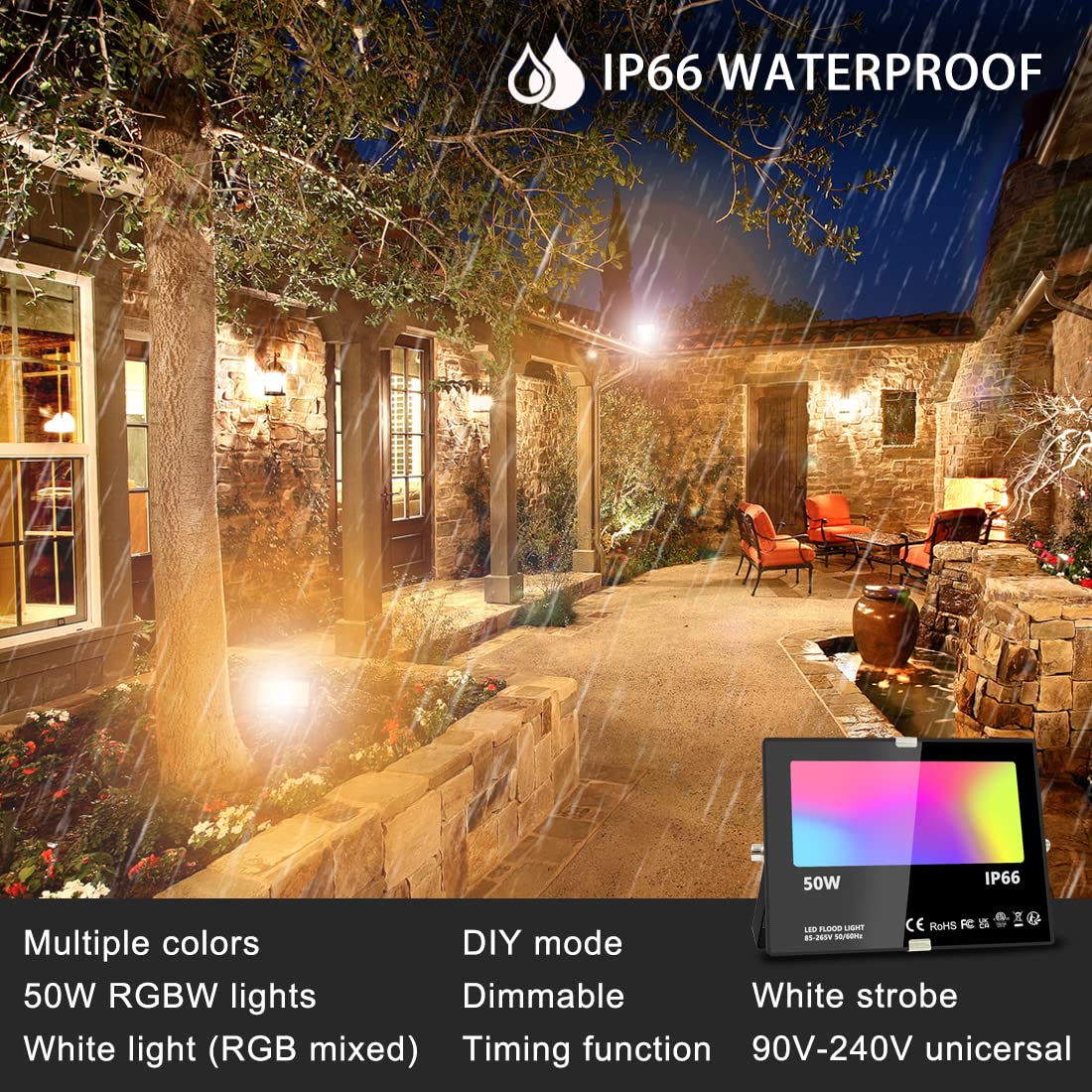 MELPO LED Flood Light Outdoor, 500W, 5000LM, Smart RGB, IP66 Waterproof, 4 Pack, Black, Model BLFL-LFBA