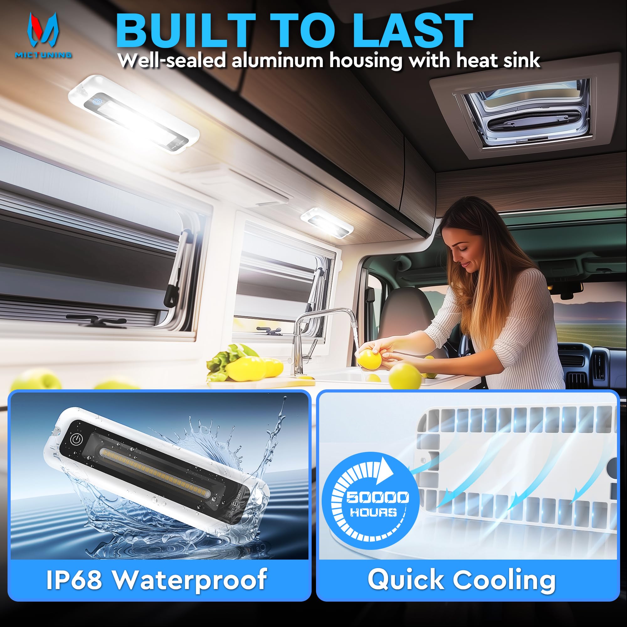 MICTUNING 8 Inch LED RV Porch Light, Touch Screen, Waterproof Aluminum, Indoor Use, 6000K White, 1 Pack