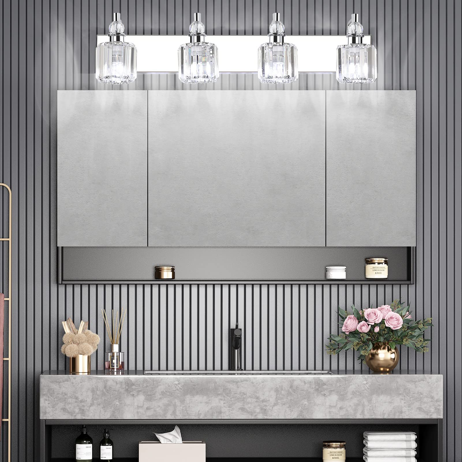 Ralbay Crystal Bathroom Vanity Light 4 Light Stainless Steel Chrome 32 inch Model 8605