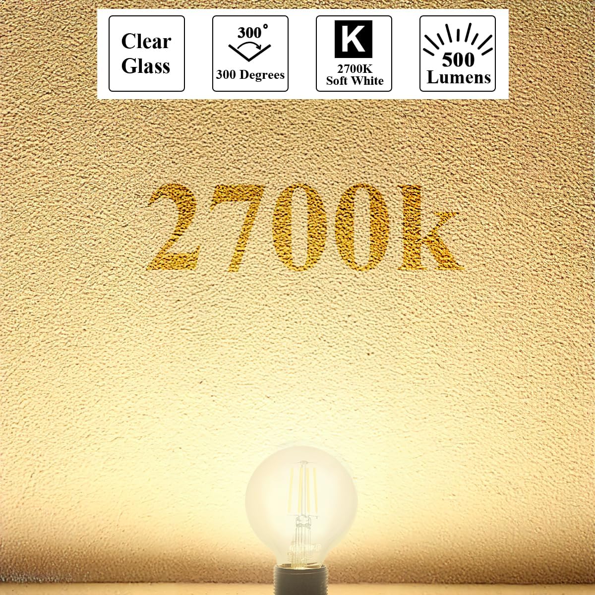 Mastery Mart G25 Globe Light Bulbs, Dimmable, E26 Base, 60W Equivalent, 2700K Soft White, Vintage Filament For Bathroom Mirror,