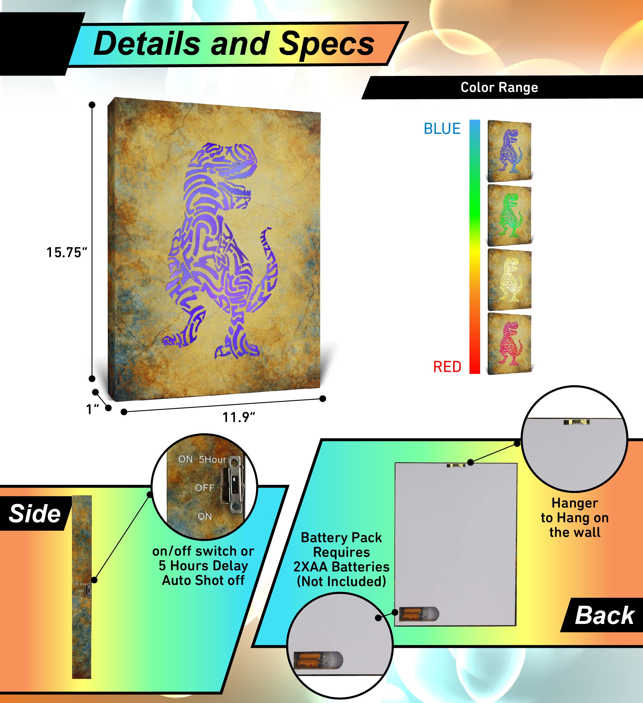 Cota Global T-Rex Dinosaur Light Up Led Wall Art - Fun Changing Color Led Light Up Picture Art For Bedroom, Modern Wall Hang Liv