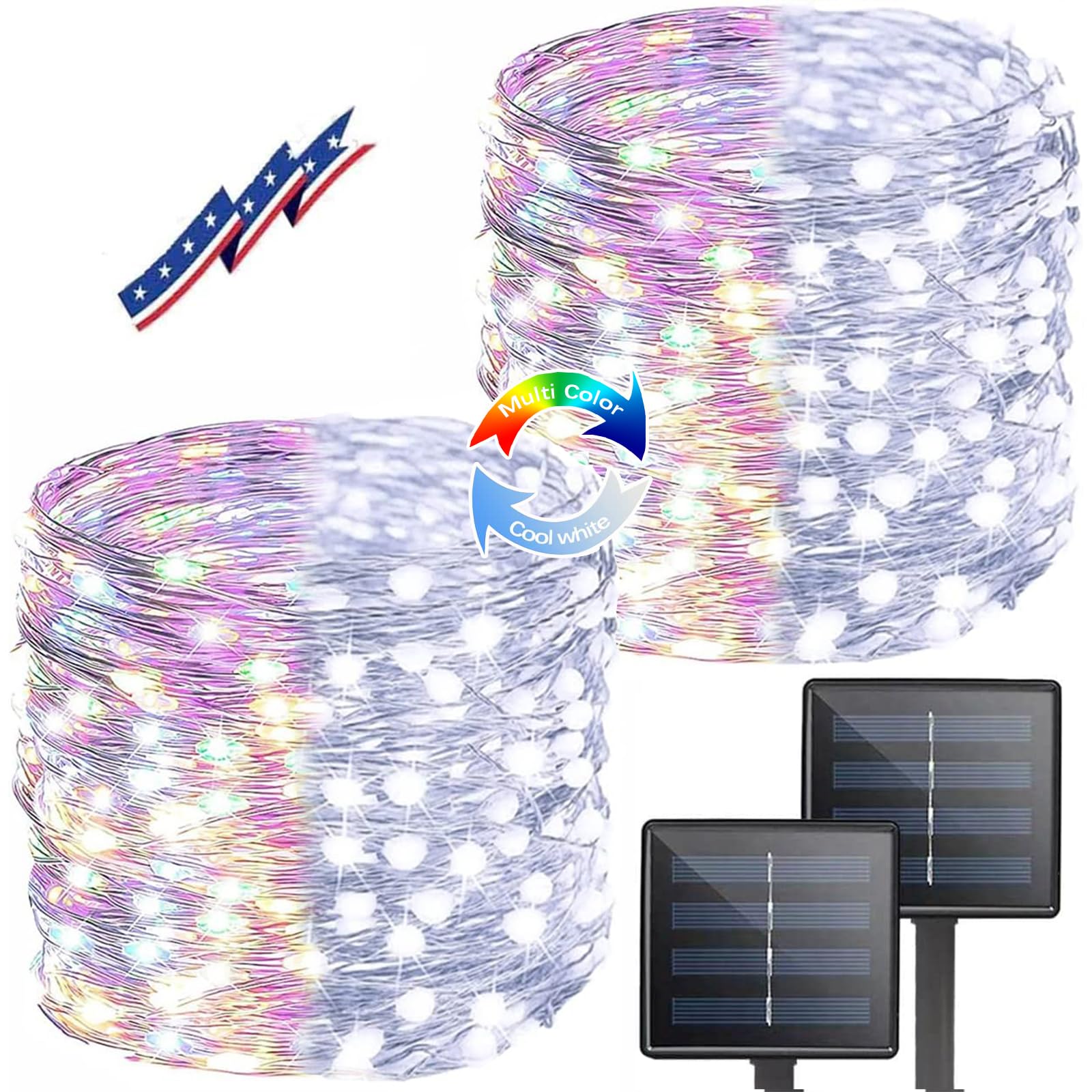 BHCLIGHT Solar String Lights 200 LED 80FT Multicolor & Cool White, 2-Pack Waterproof Copper Wire, Model SEATOP-CW-MC-2PK