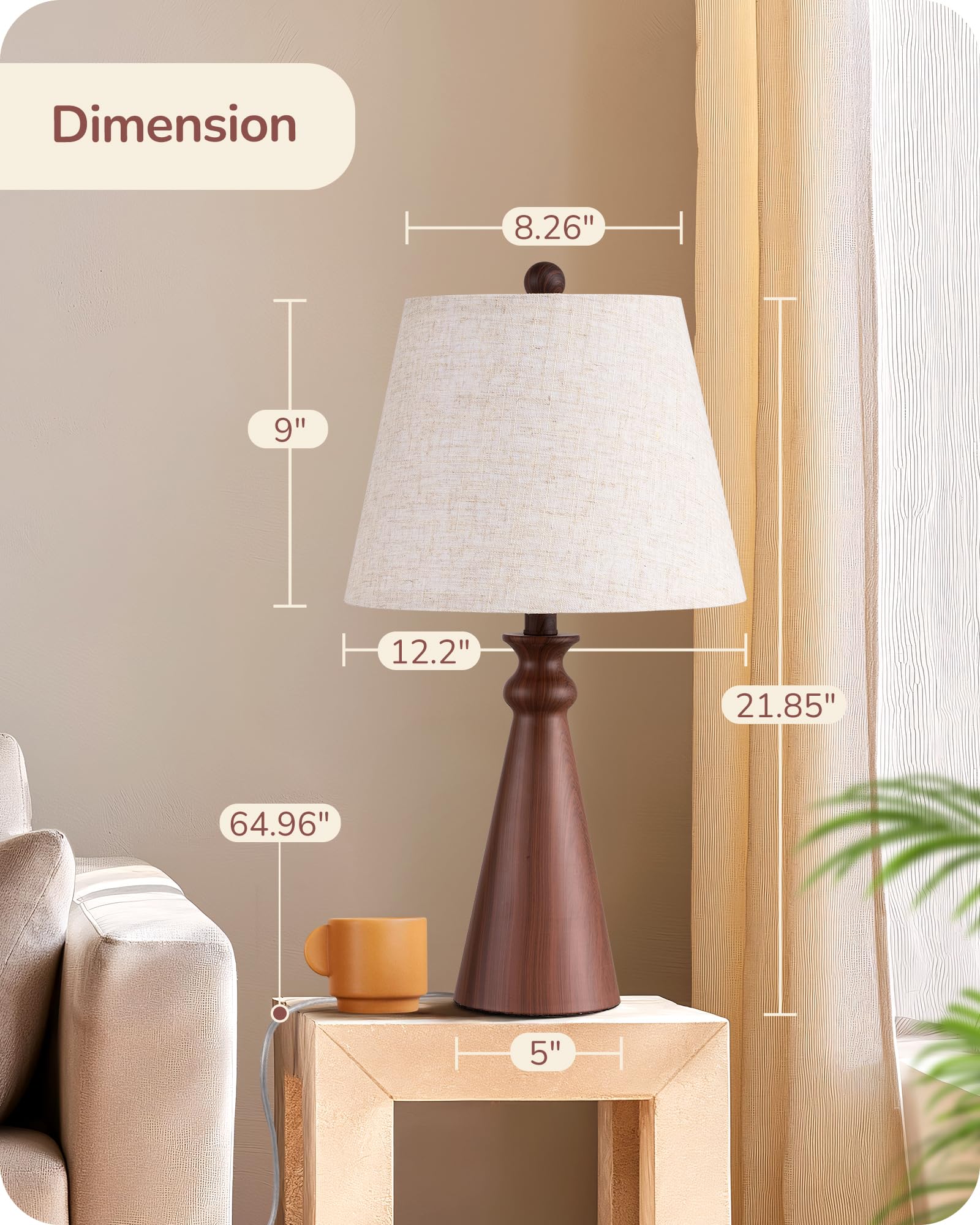 EDISHINE 21.85 Boho Table Lamp, Rustic Bedside Lamp, Water Transfer Red Wood Grain Metal Base, Beige Linen Shade, Farmhouse Nigh