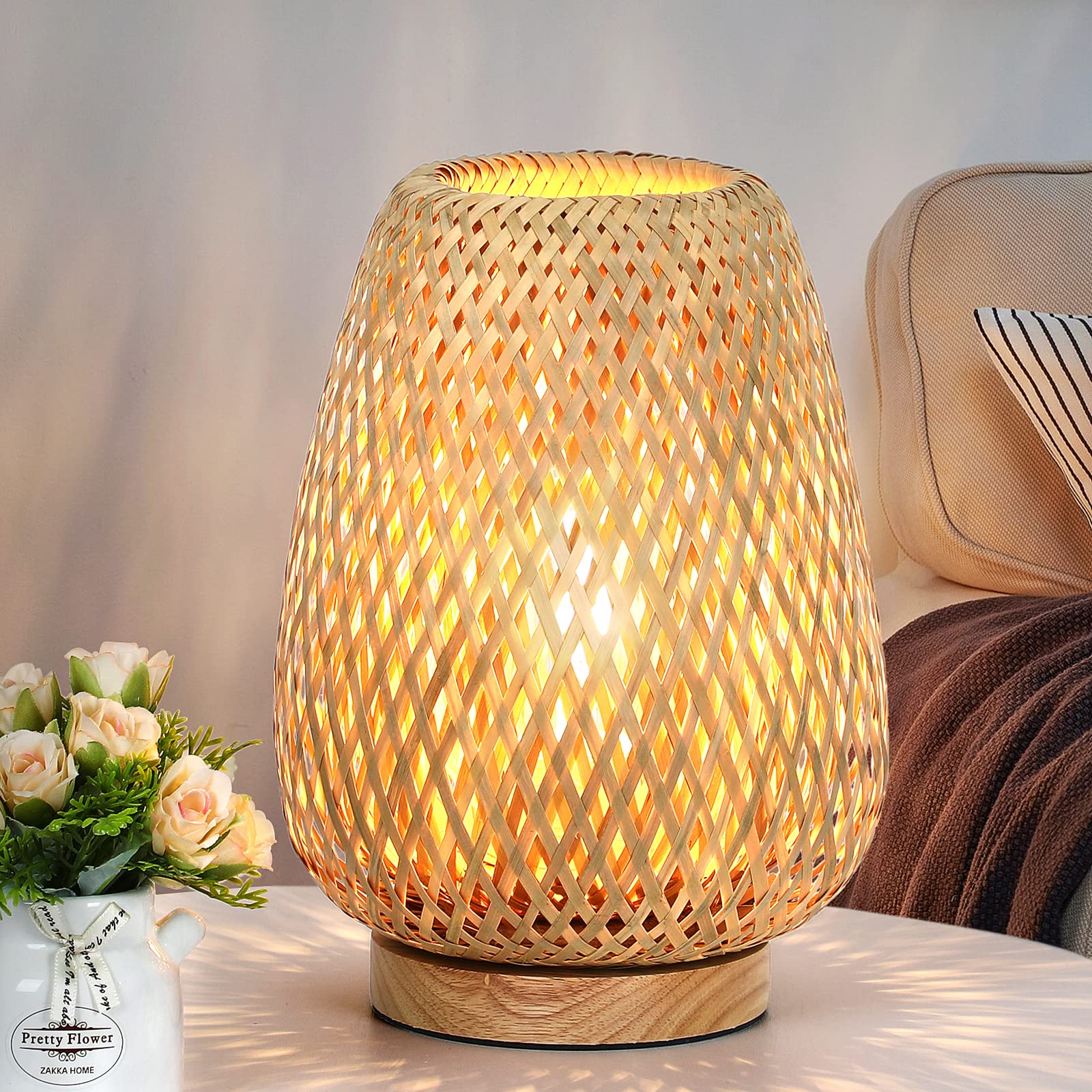 Brightever Rattan Table Lamp, Stepless Dimmable, Small, Wooden, Yellow, Model T1002-1, Perfect for Bedroom and Living Room
