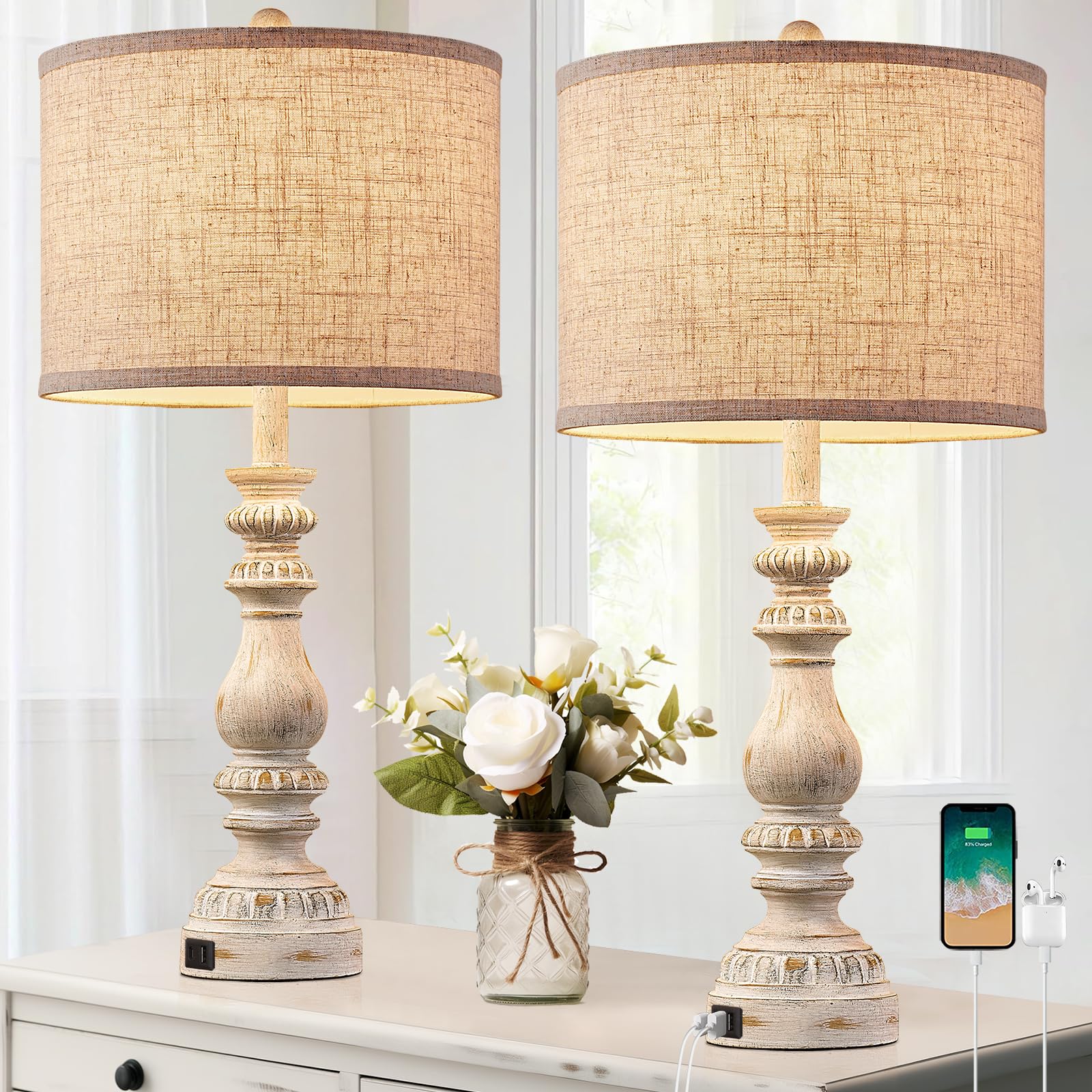 BOOUCUU Farmhouse Bedside Lamps Set of 2 Bedroom Lamps for Nightstand with USB A+C Ports  28  Rustic Vintage Table Lamps for Living Room with Rotary Switch - Bulb Not Included