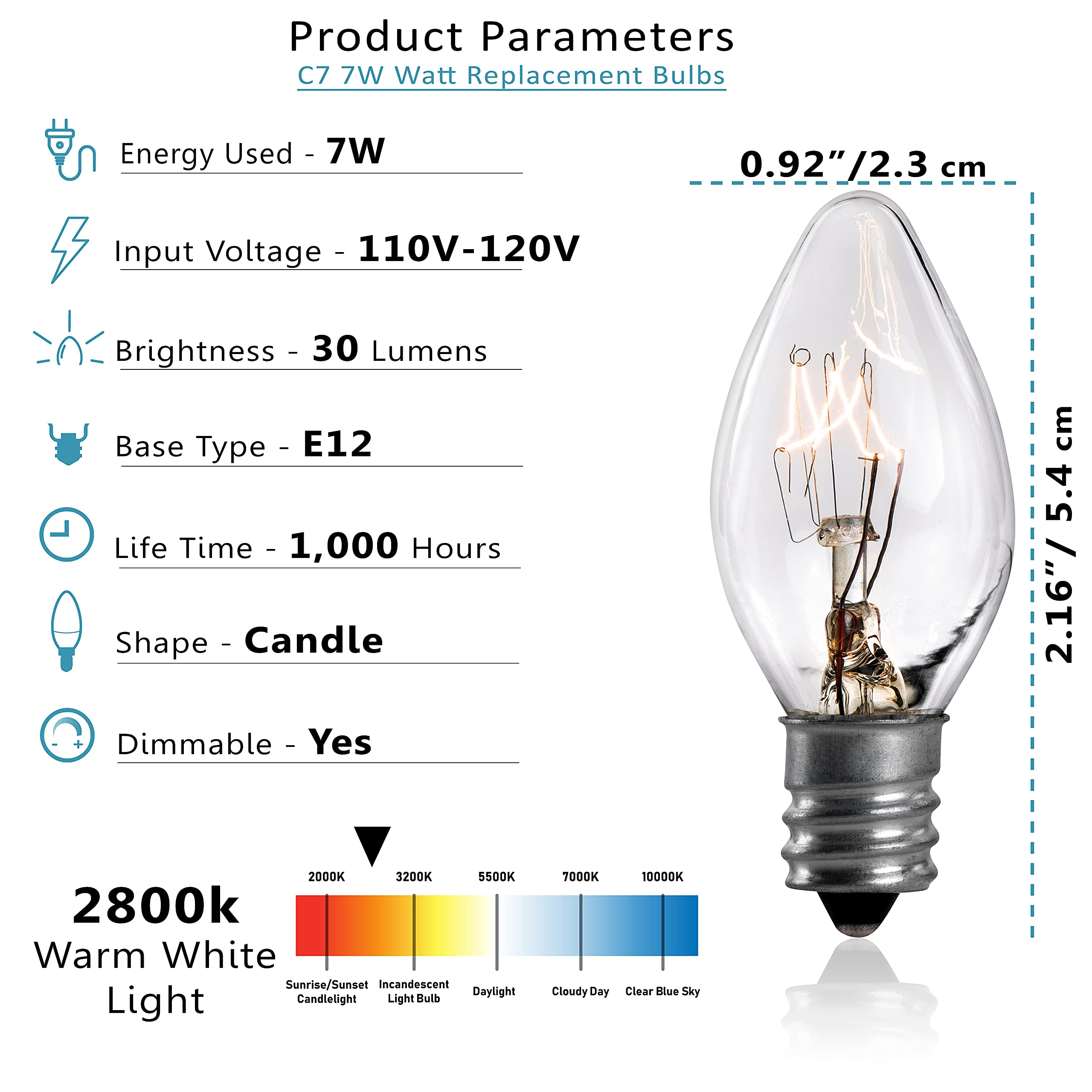 7 Watt Night Light Replacement Bulbs - 12 Pack Salt Lamps, Crystal Clear Glass,C7/7 Watt/120 V/45 Lumen,E12 Candelabra Base Inca