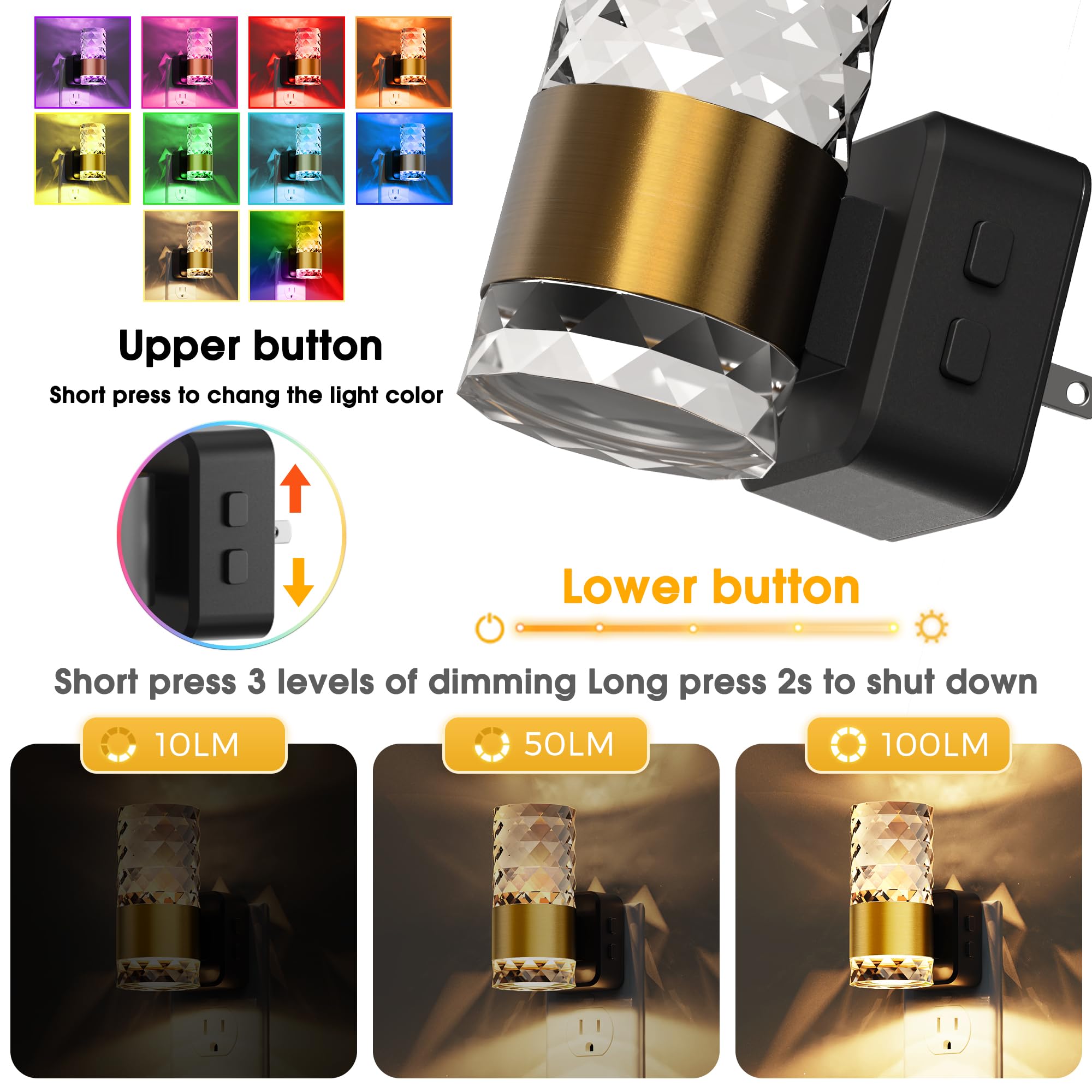L LOHAS LED Night Light, 10-Color RGB, 10/50/100LM Adjustable, 2 Pack, Plug-in with Dusk to Dawn Sensor, Gold Ring-Chips RGB