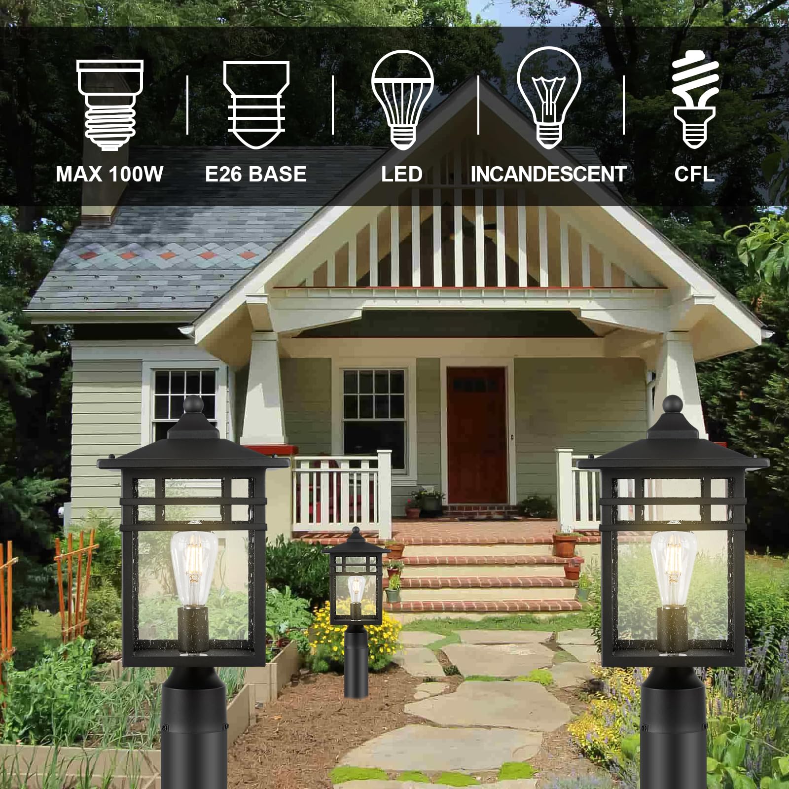 Diyel Outdoor Post Light Fixture, Large Exterior Pillar Lantern With Black Finish & Seeded Glass, 9 Inch Square Pier Mount Lamp For Garden, Backyard, Courtyard, Patio, Deck, Pathway, Walkway