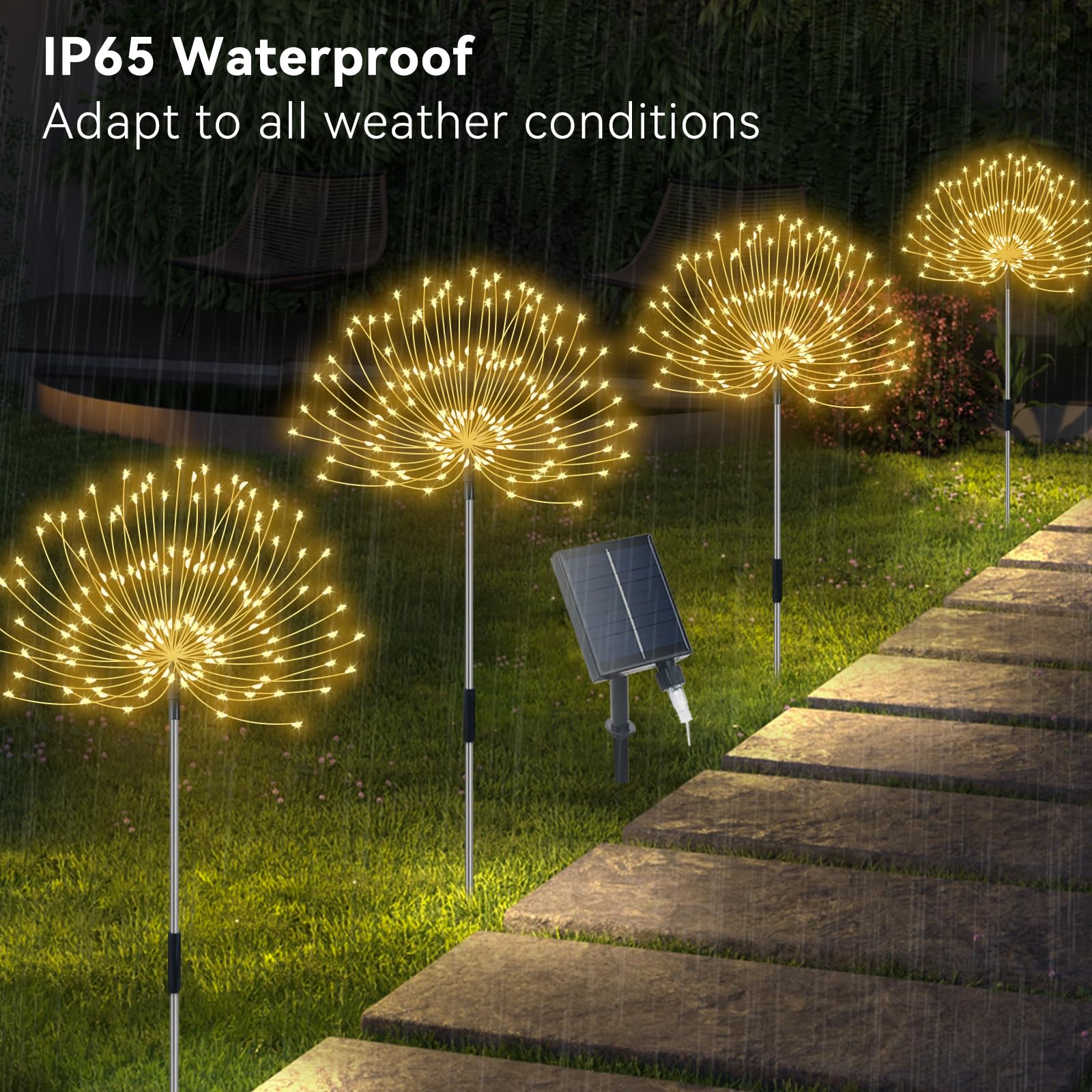 Slyuexu Solar Garden Lights, 480 LED Firework Lights, 4 Pack, Warm White, Waterproof, 8 Lighting Modes, Model YF0003