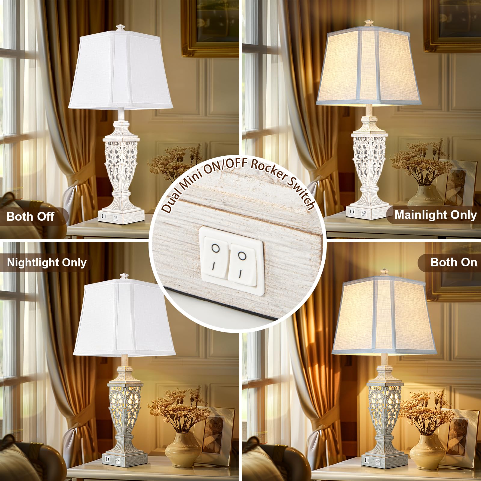 28.5'' Lamps For Living Room - Table Lamps Set Of 2 With Night Light,Bedside Lamp With White Linen Cut Corner Shade - For Bedroo