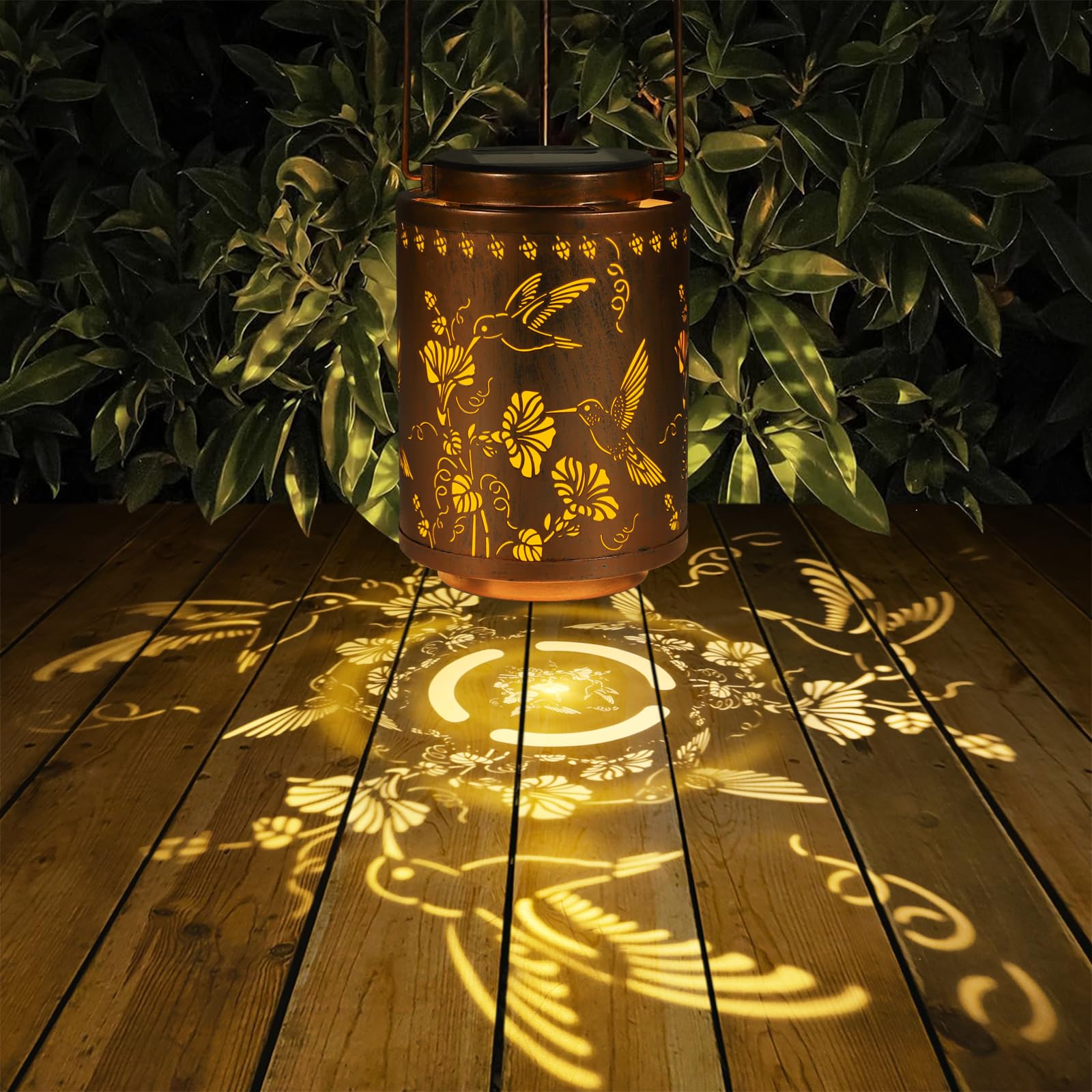 Tepaken Solar Lantern - Outdoor Waterproof Metal Hanging Light for Garden Decor, Hummingbird-205, Gold