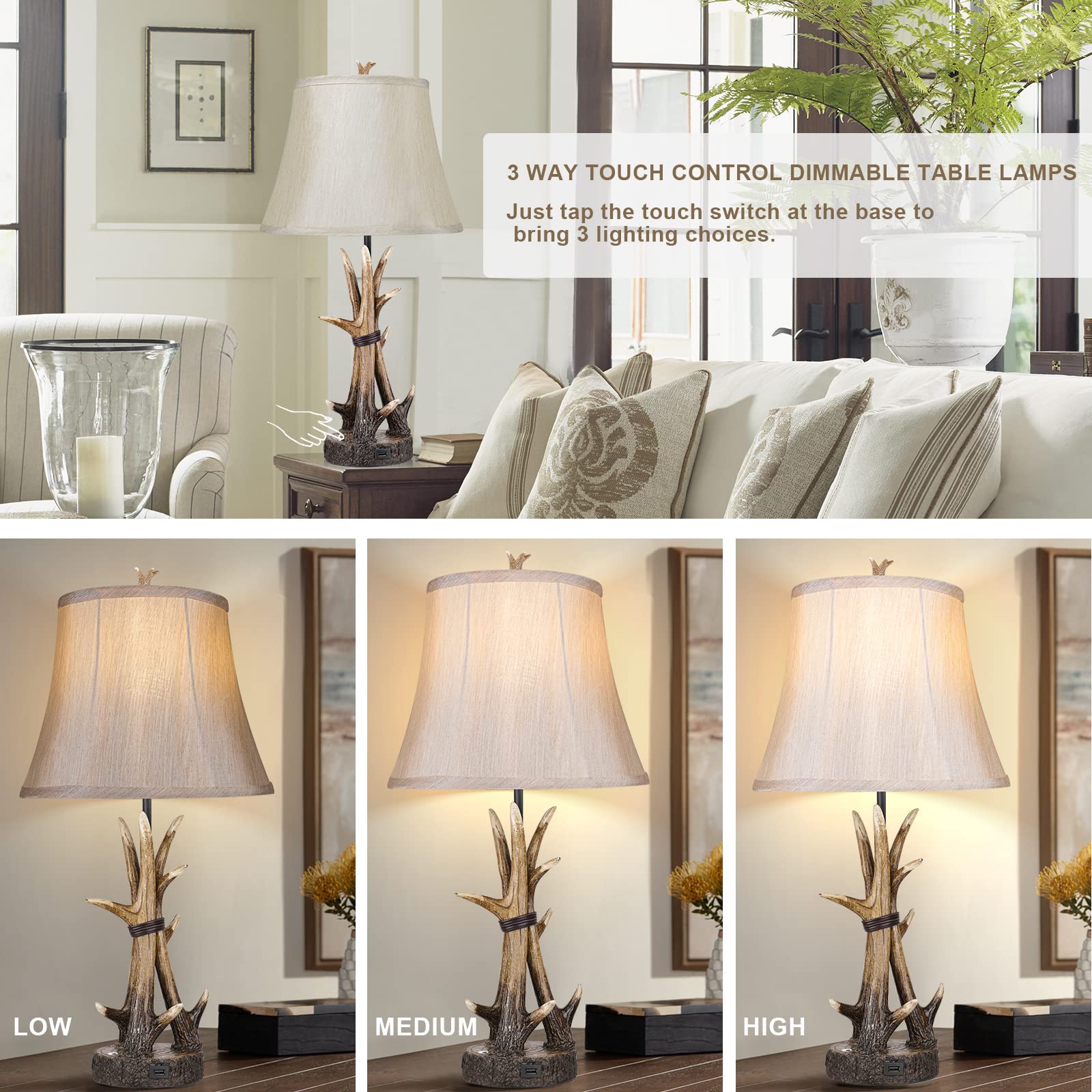 Rustic Table Lamps For Living Room Set Of 2, Farmhouse Antler Western Bedside Lamp For Bedroom With 2 Usb Charging Port, 3-Way D