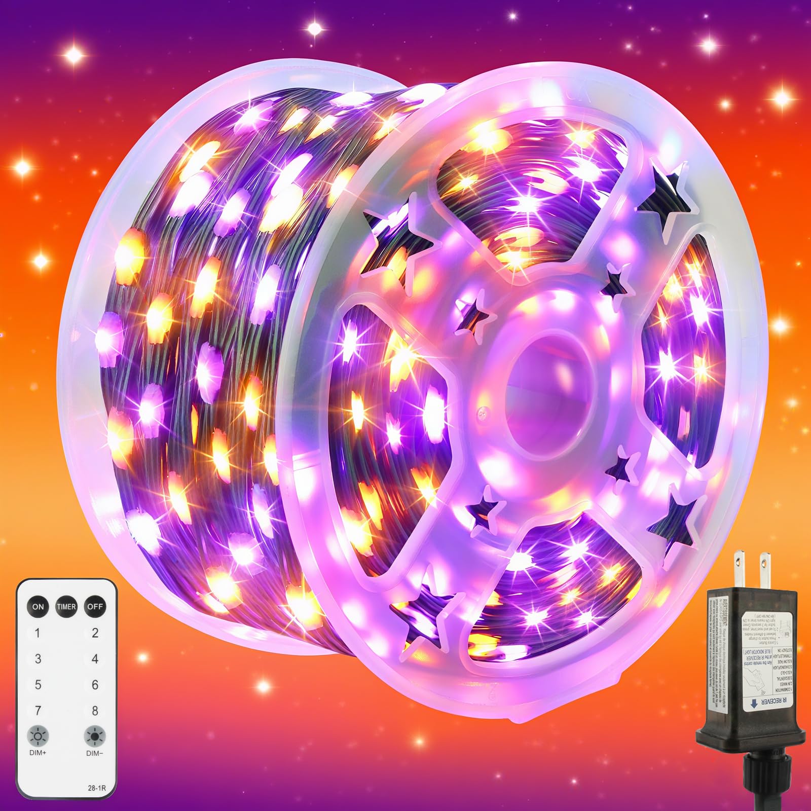 Tcamp 164FT 500 LED Orange Purple Halloween Lights, 8 Modes, Remote Timer, Green Wire, Model QL300AE