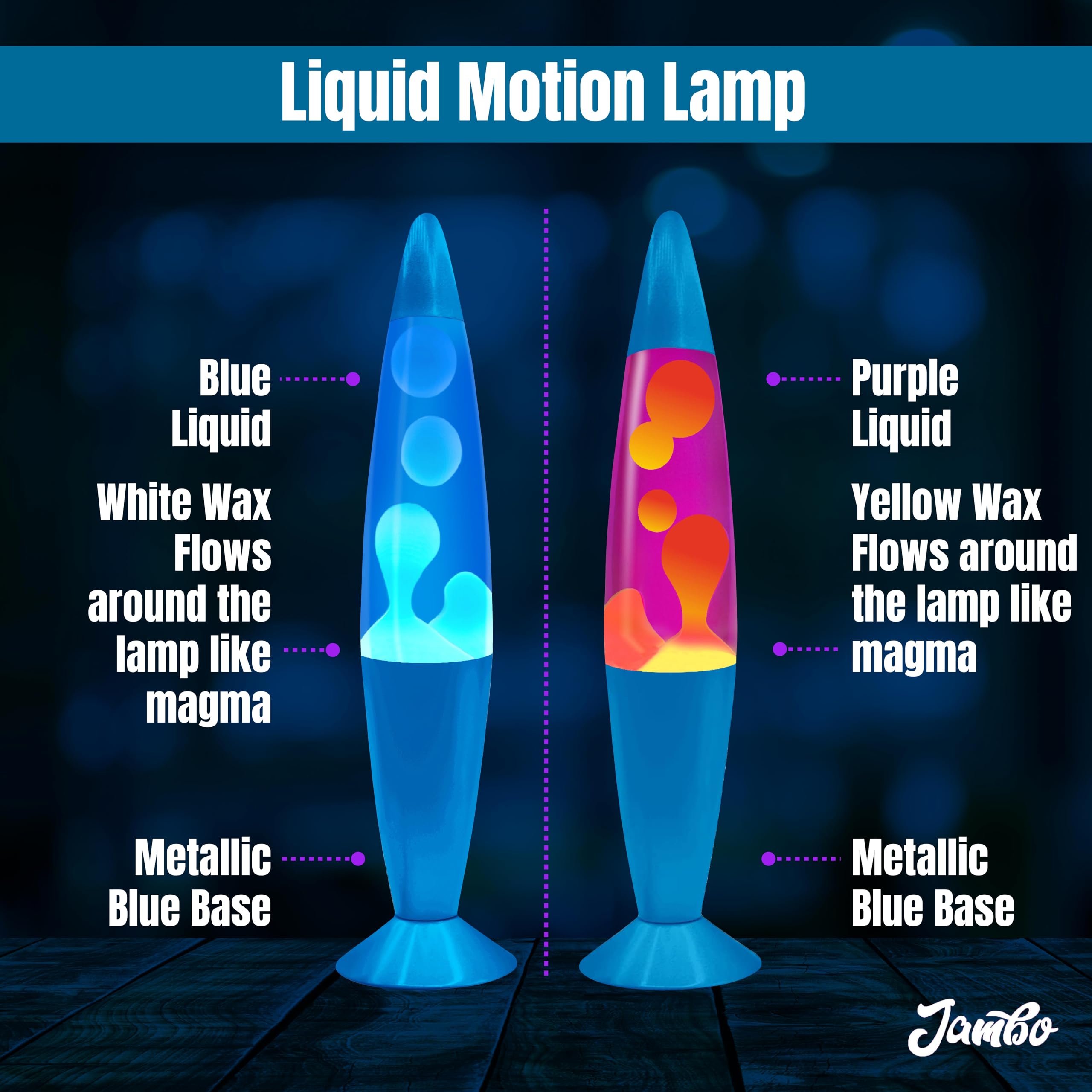 JAMBO 16in Motion Lamp Double Pack - Blue Base with White Wax & Purple Base with Yellow Wax, Aluminum, Model 66030