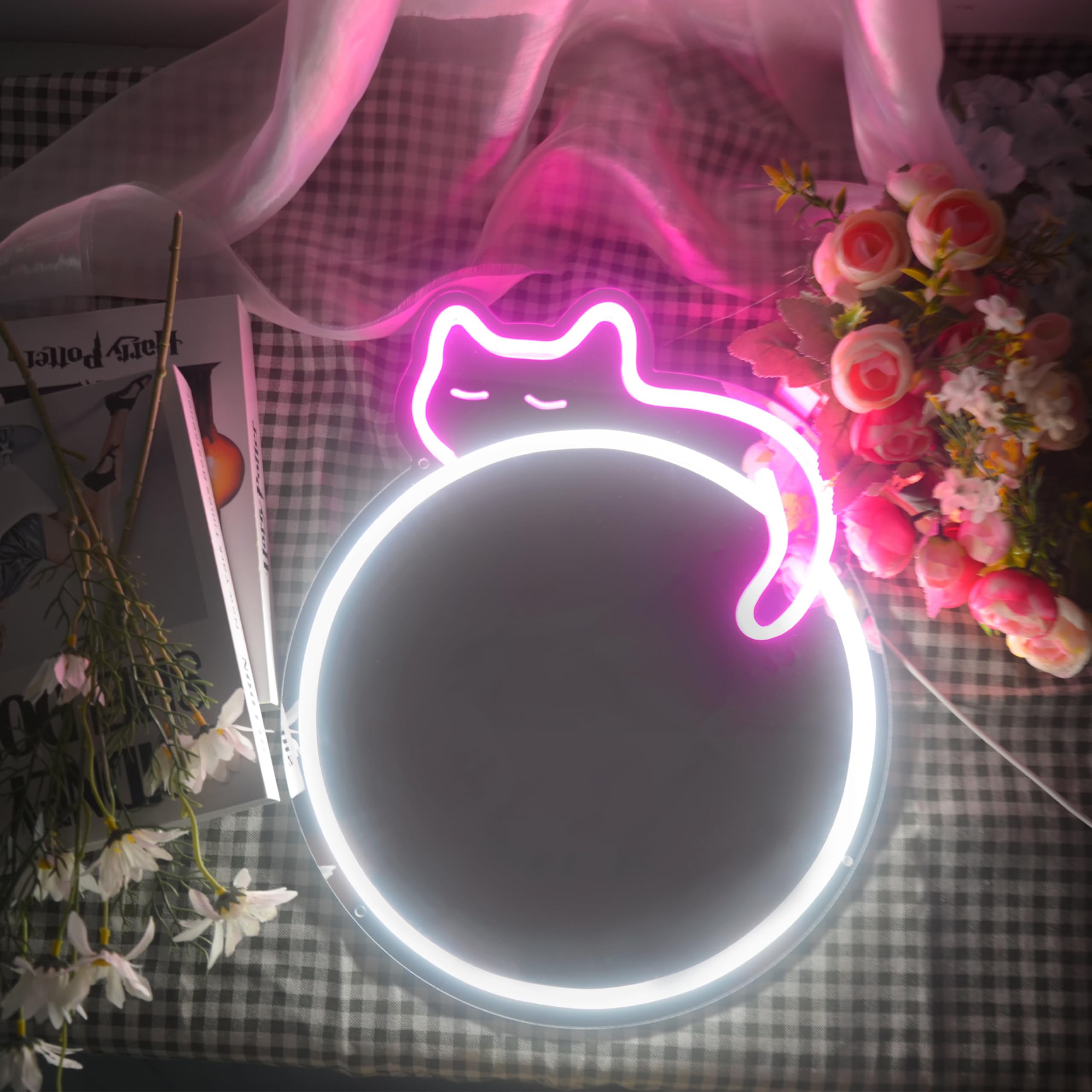 Jxin Cat Neon Signs Mirror 16.53X13.38 Usb Powered With Dimmer Led Cute Neon Light For Wall Room Decor Bedroom Living Room Party Studio Shop Birthday Gifts For Girls