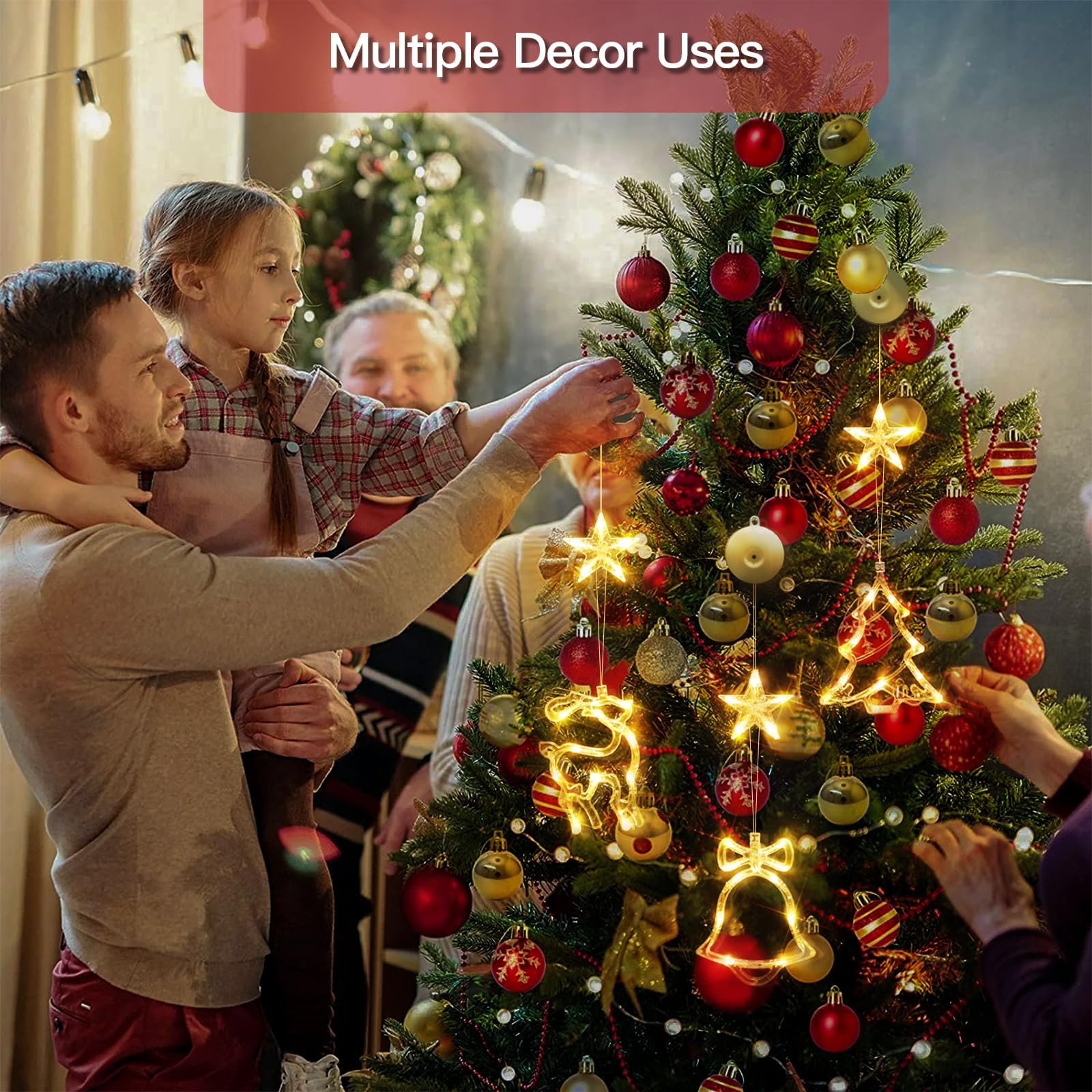 Suddus Christmas Window Lights Decorations, 3Pcs Tree-Jingle Bell-Deer Shaped Xmas Lights Battery Powered With Suction Cups & Timer, Hanging String Lights Indoor For Tree, Fireplace, Warm White