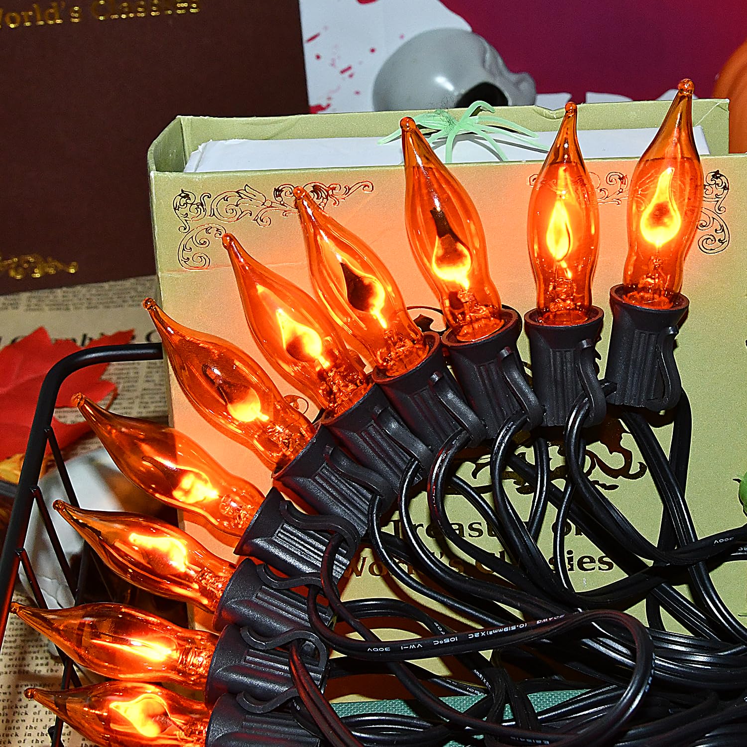 27.8Ft Orange Halloween Lights - Flickering Flame String Lights Orange Flickering String Lights With 25 Pack Orange Flame Light Bulbs For Fall Halloween Decorations Indoor Outdoor Home Party Mantel
