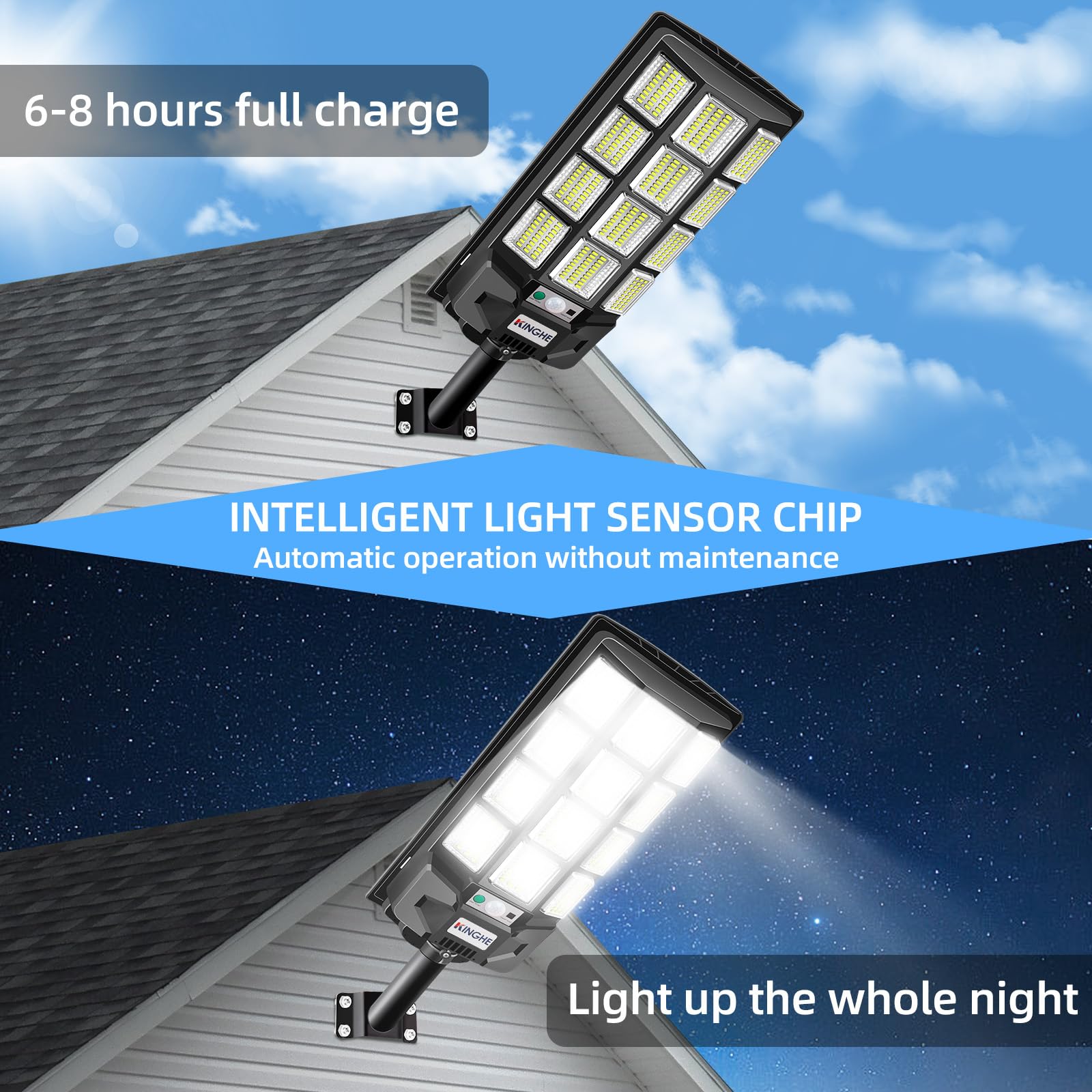 KingHe Solar Street Lights Outdoor, 6000K, 276 LEDs, Motion Sensor, Remote Control, Black, 4800W-1 Pack, Model KINGHE-BBG-12-1