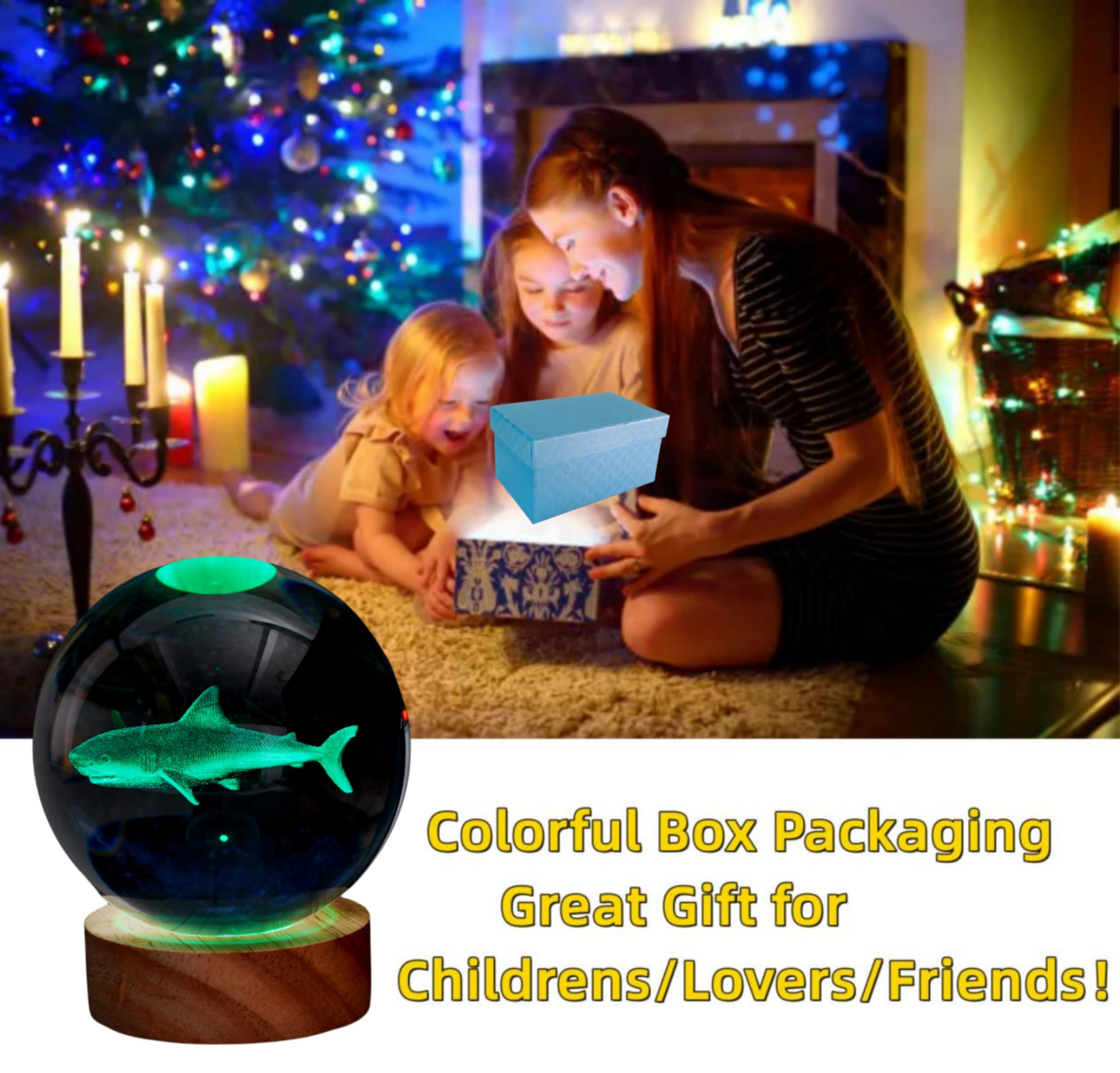 Conalisk 3D Shark Crystal Ball Lamp, 3.15 Inch Shark Crystal Ball Night Light With 16 Colors Led Wooden Base, Remote Control, Gi