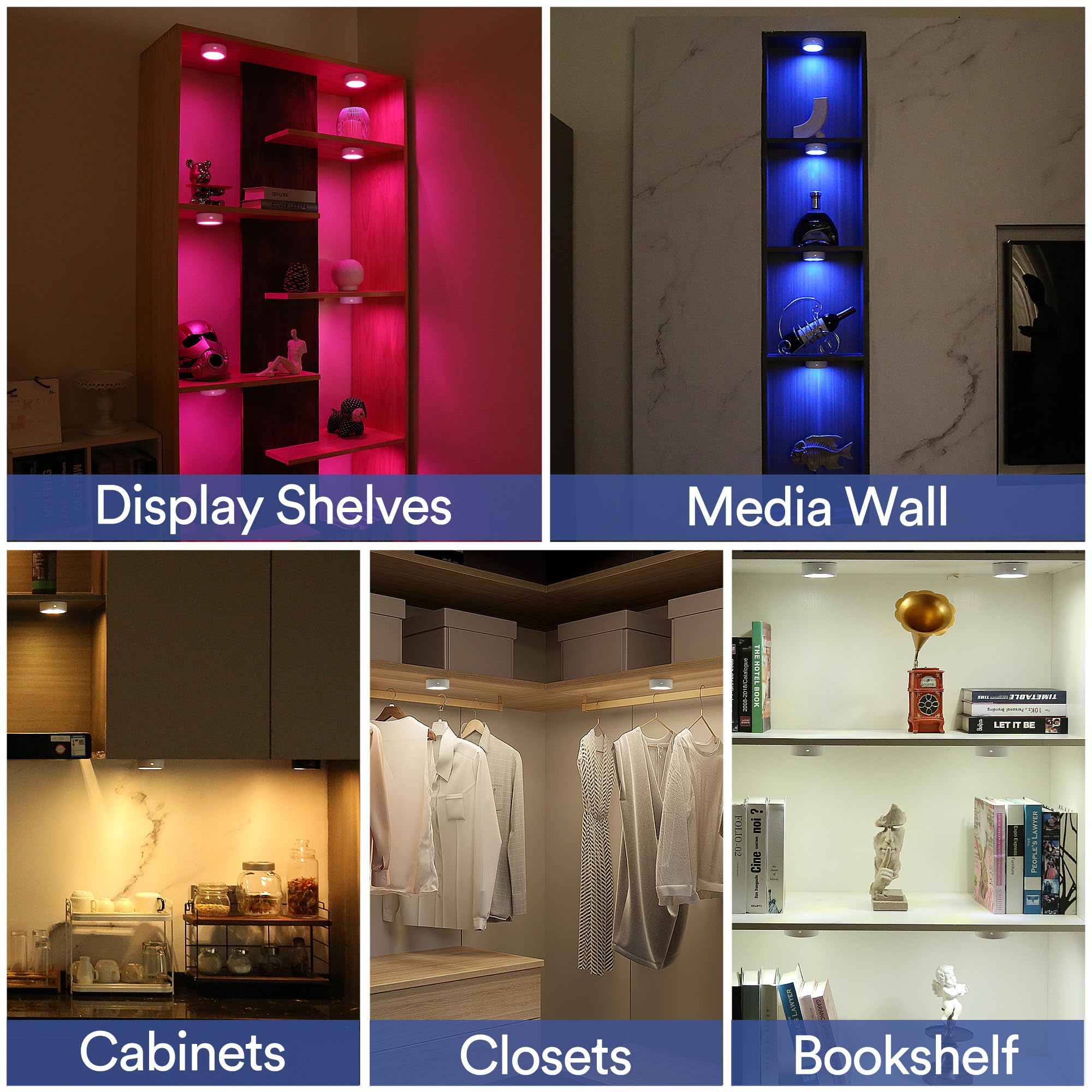 TECOMLIGHT Puck Lights - Wireless LED Under Cabinet Lights, Battery Operated, RGB & Warm White, 5 Pack, White, Model T048