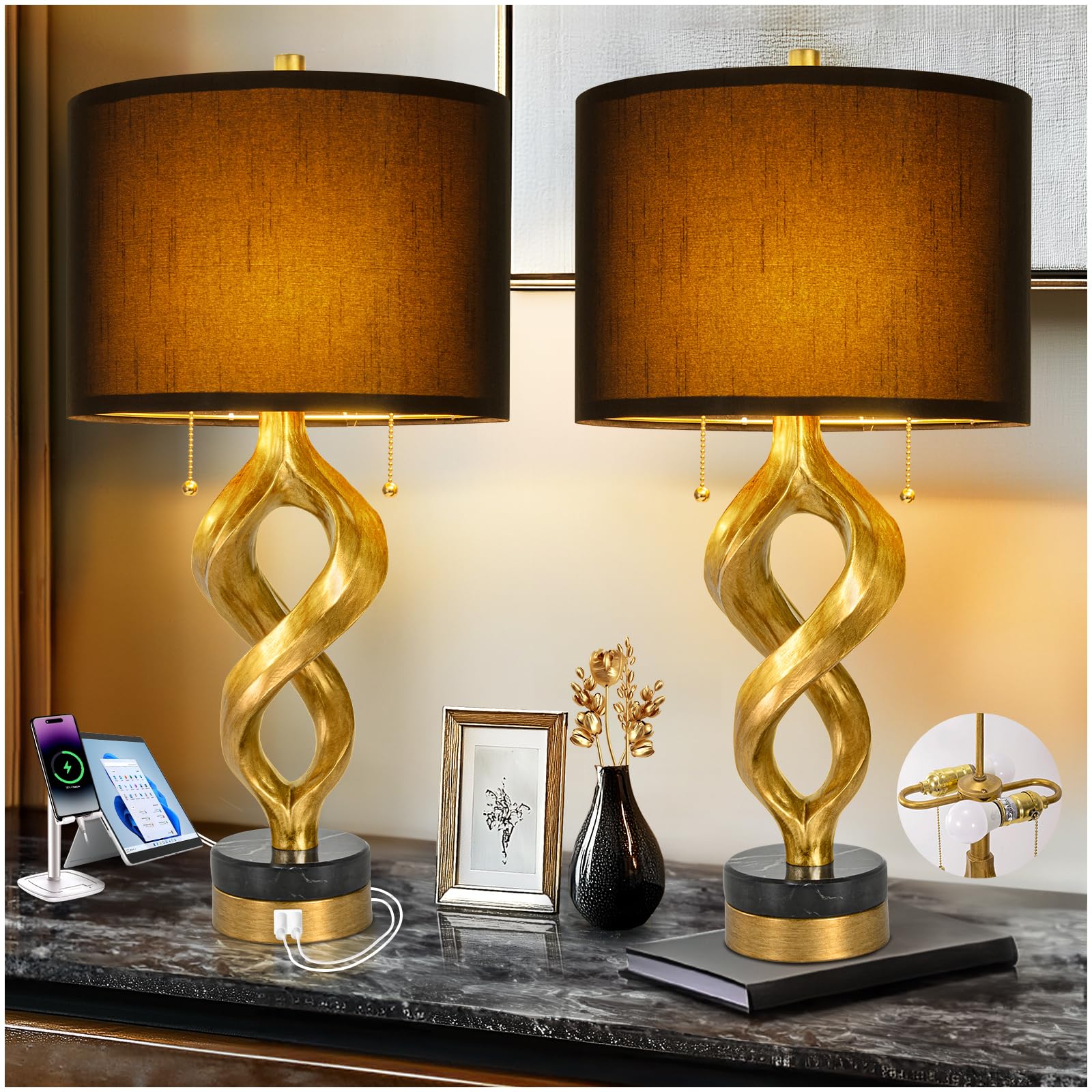 Sculptural Table Lamp Set of 2 for Bedroom, 26    Gold Leaf Farmhouse Bedside Lamps for Living Room, Pull Chains Switch Rustic N