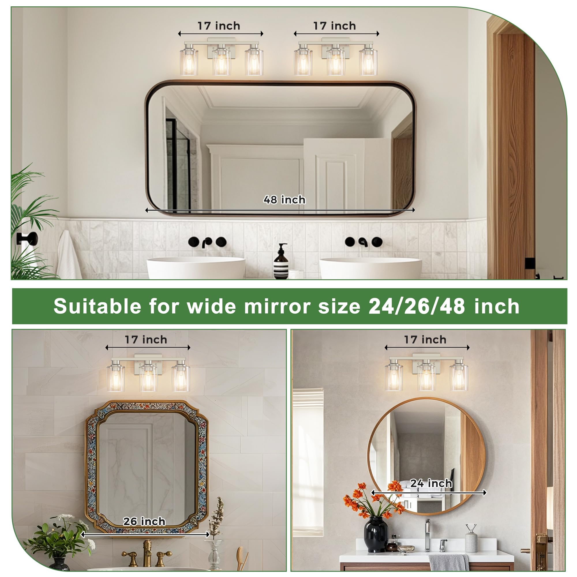 Doresshop 17 Inch Bathroom Light Fixtures  3-Light Nickel Bathroom Lighting Fixtures Over Mirror With Clear Glass Shade  Vanity Lights For Living Room Bedroom