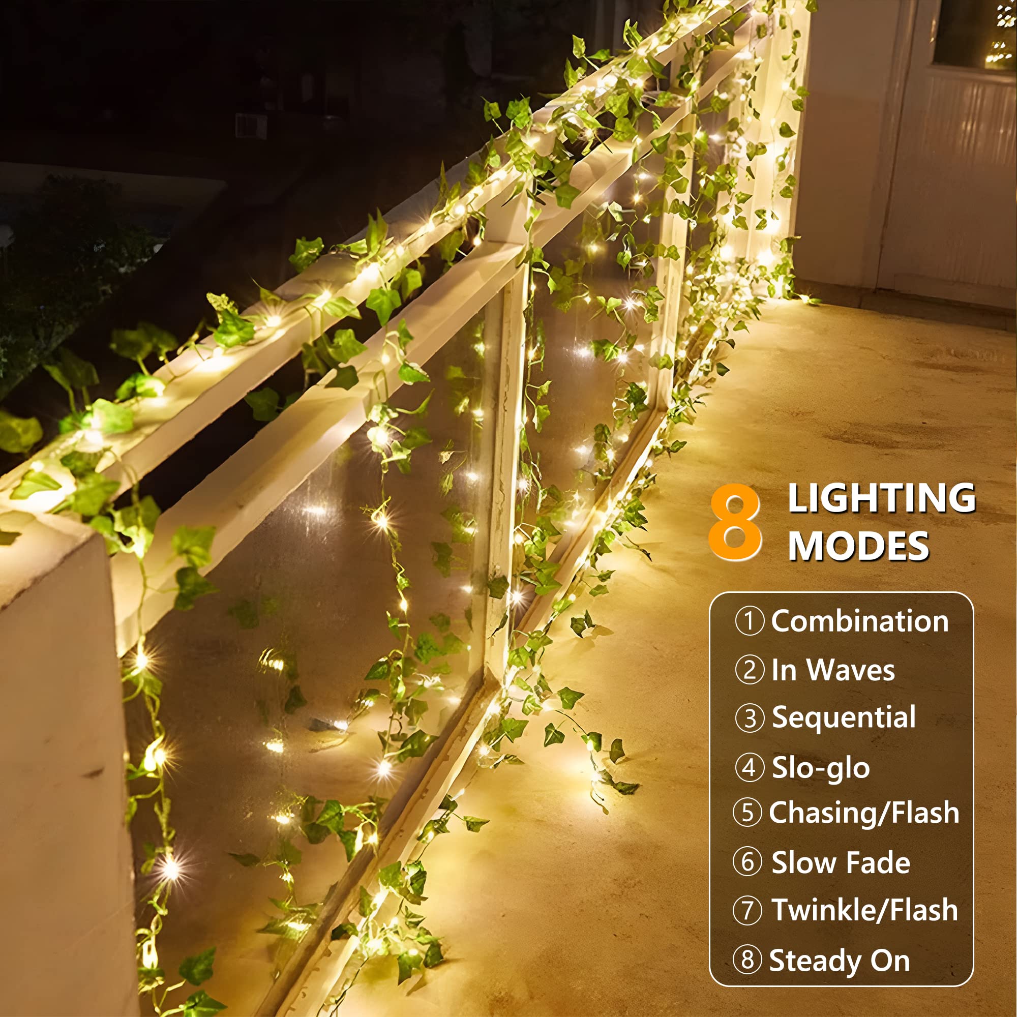 Brizled 33ft Solar String Lights, 100 LED Warm White Ivy Vine Lights, 8 Modes Outdoor Fairy Lights for Wedding Garden Decor