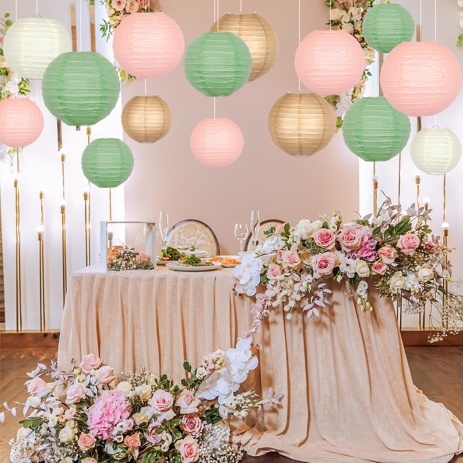 ADLKGG Paper Lanterns, Round Hanging Decorations for Parties, 21pcs, Sage Green/Pink/Brown