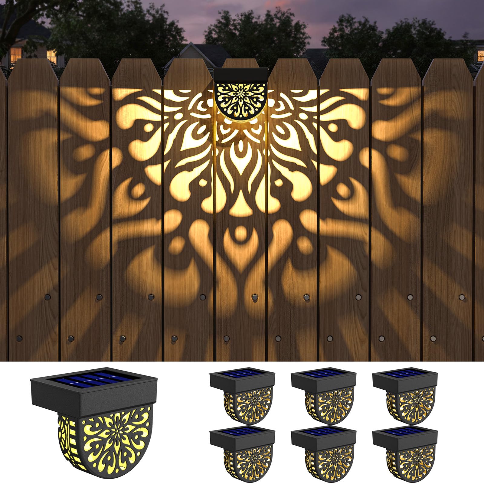 6 Pack Solar Fence Lights Outdoor Wall Lights Plastic Solar Powered Deck Step Stair Lights Mandala Theme Waterproof Fence Solar Light for Garden Post Patio Yard Decor  Gardening Gifts for Women Mom