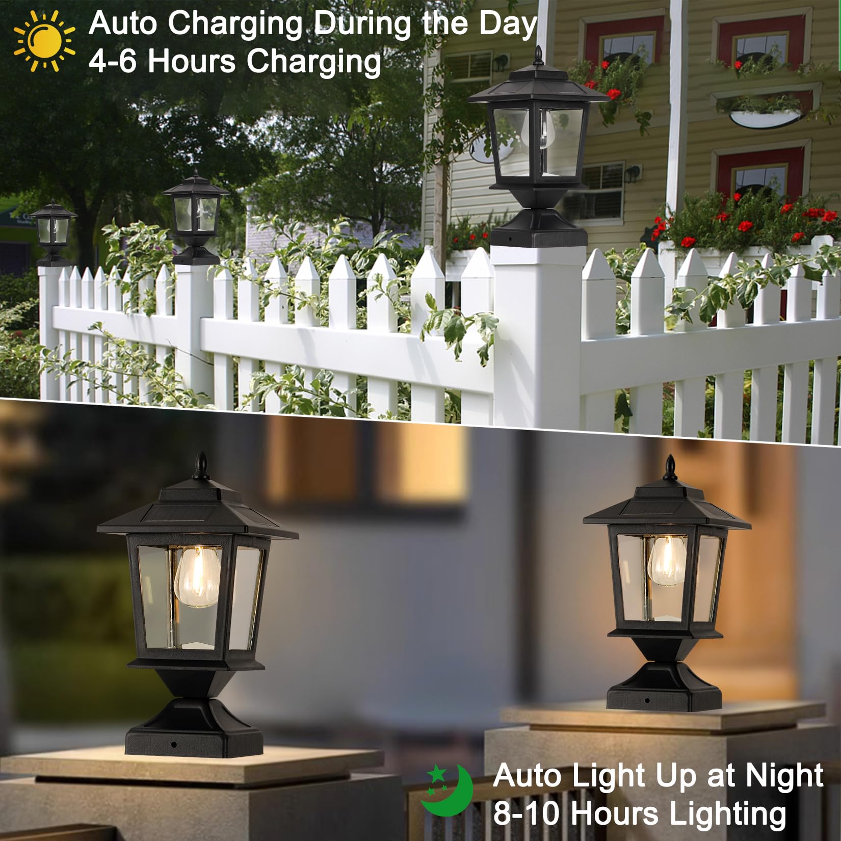 Derynome Solar Post Cap Lights - Waterproof Outdoor Lighting for 4x4 Wooden Posts, Glass Shade, Matte Black, Model SPCL002 (2 Pack)