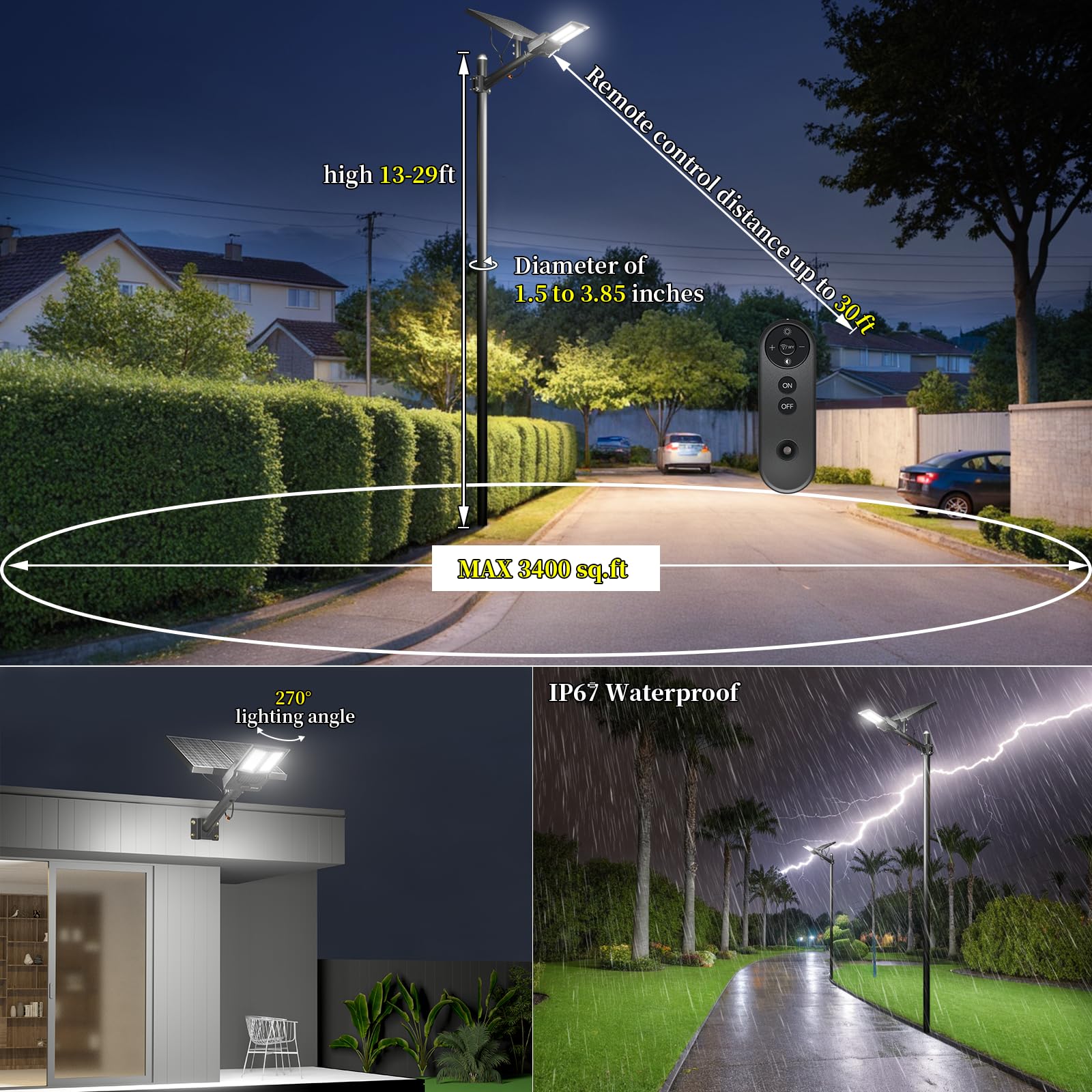 Ofuray Of-8800W Solar Street Light, IP67 Motion Sensor, 6500K LED, Dusk to Dawn, Remote Control, Black