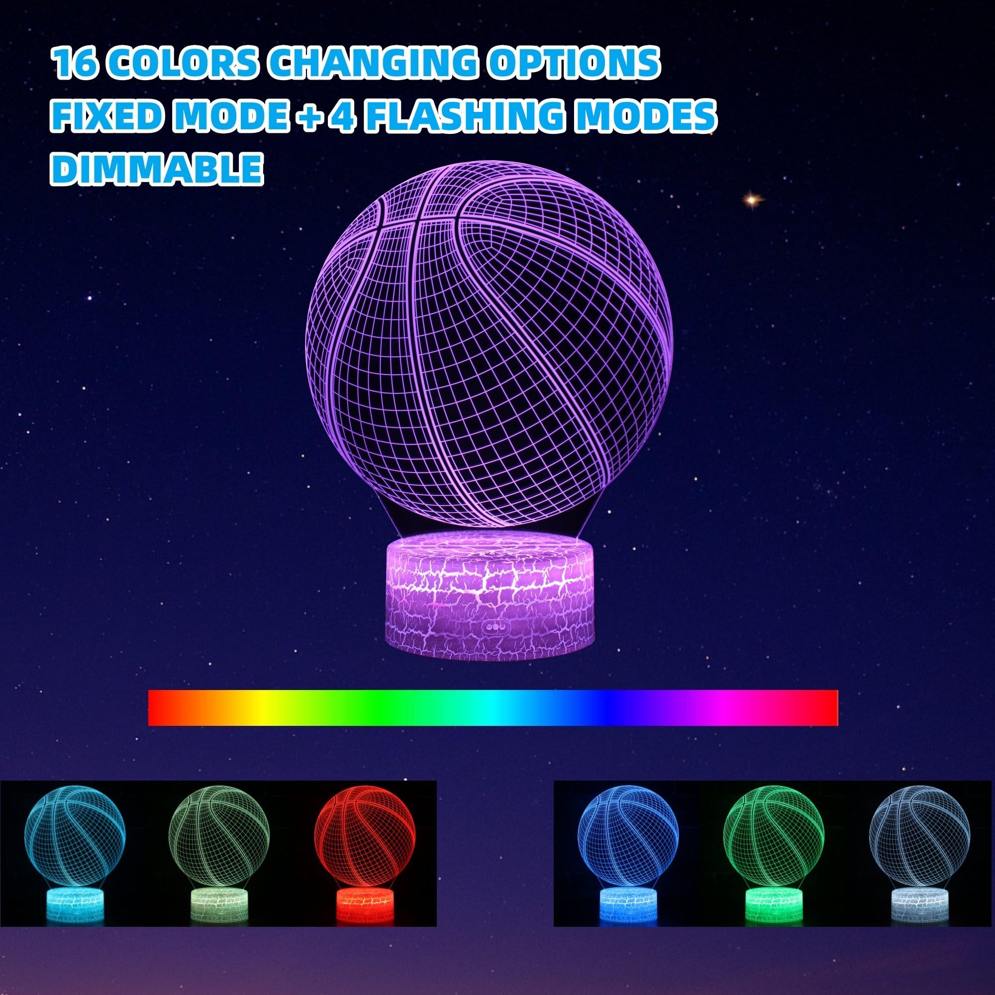 Kenmaca Basketball Night Light For Kids Bedroom, 3D Illusion Lamp, 3 Patterns 16 Colors Changing Dimmable Room Decor, Touch & Re