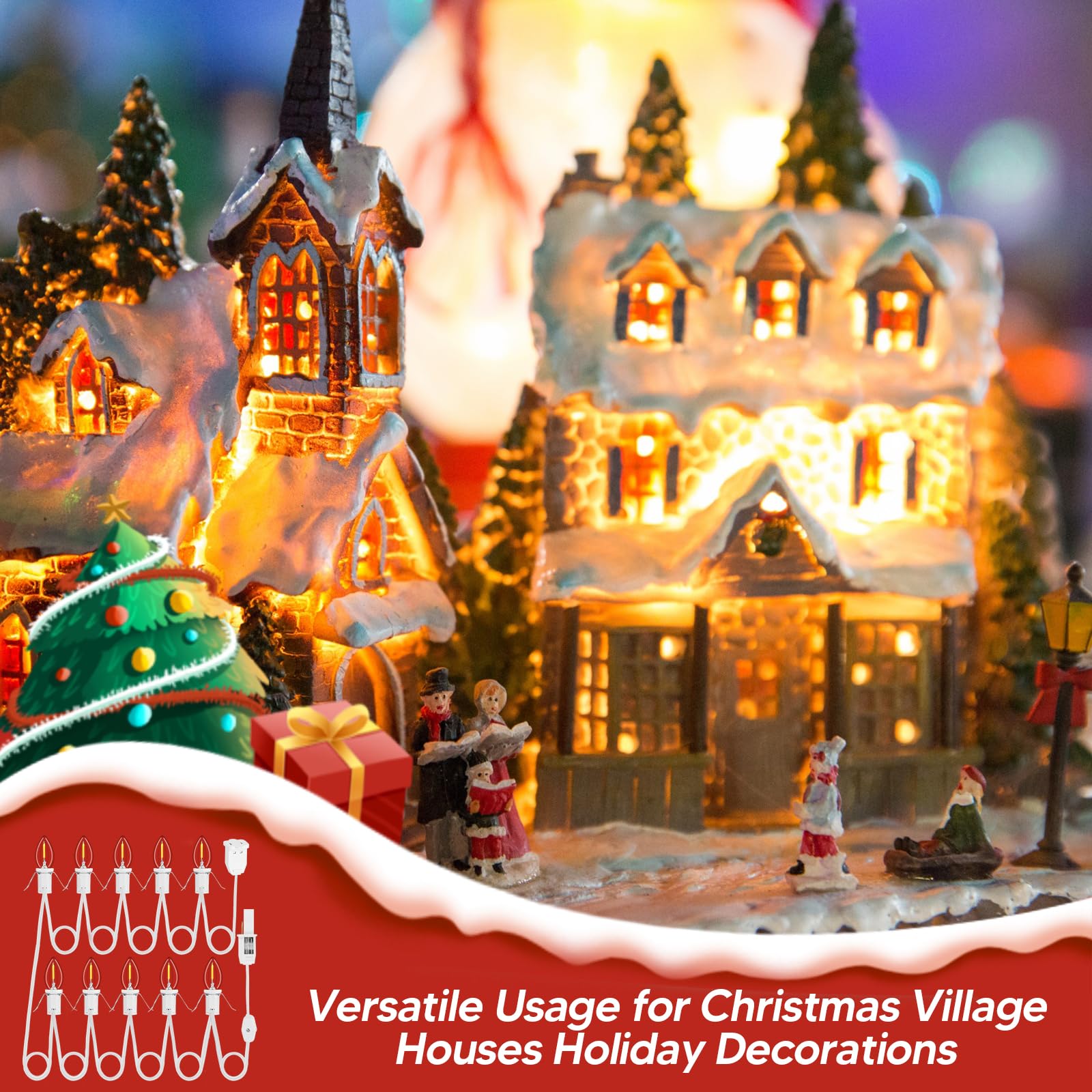 1Pack Accessory Cord With 10Led Light Bulbs And Outlet Christmas Village Light 17.7Ft White Cord Warm White C7 Lamp Christmas Village Accessories For Halloween Pumpkins Christmas Village Houses