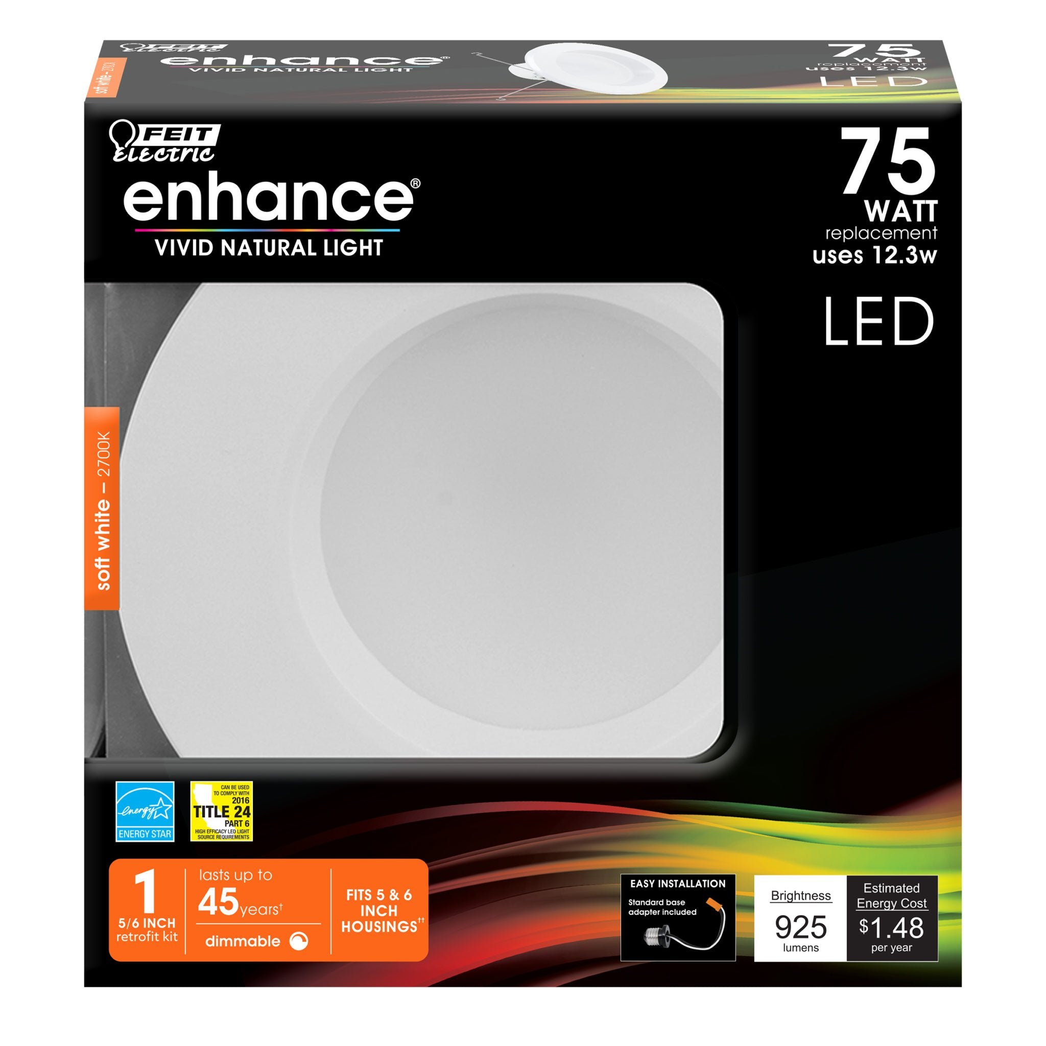 Feit Electric 5-6 Inch Led Recessed Downlight - Pre-Mounted Trim - Standard Base Adapter - 2700K Cct Soft White - Dimmable- 75W
