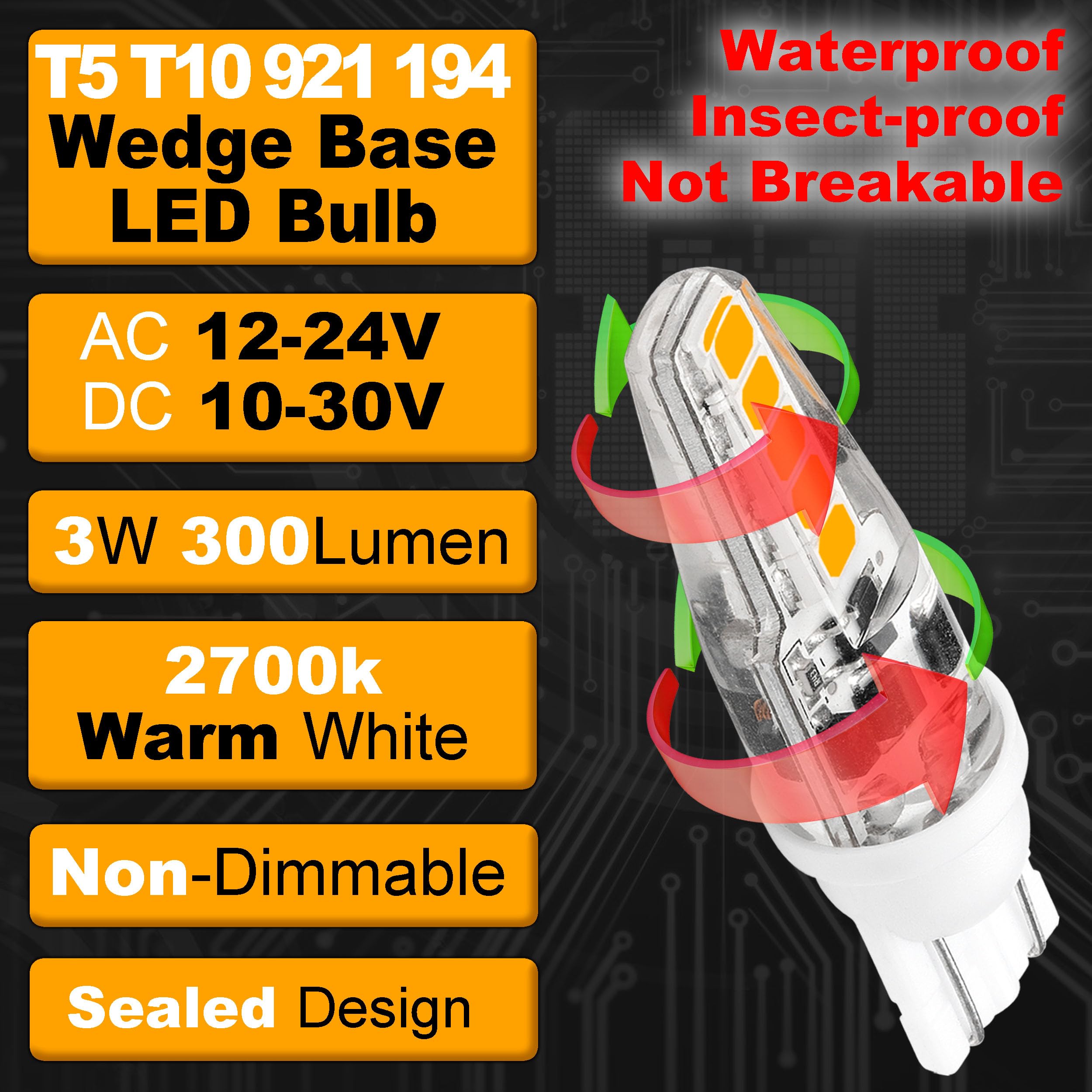 Hylroe T10 LED Bulb 3W 2700K Warm White, Silicone Rubber, Model Hyl522-LED, 8 Pack for Landscape Garden, RV, Marine Lighting