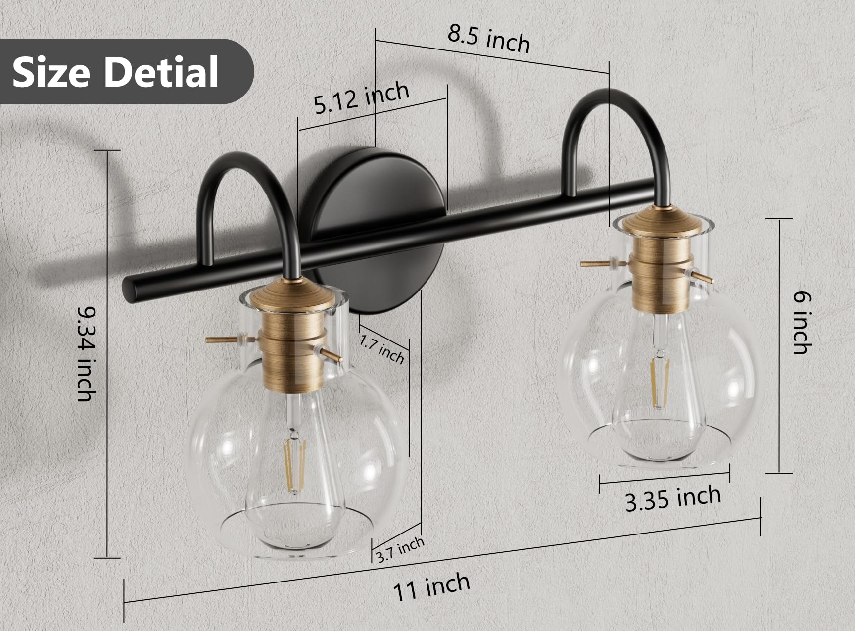 Primeplus 2 Light Bathroom Vanity Light, Black And Red Copper Bathroom Light Fixtures Over Mirror, Modern Copper Vanity Light With Clear Glass Shade, Black Wall Sconce For Bathroom, Bedroom