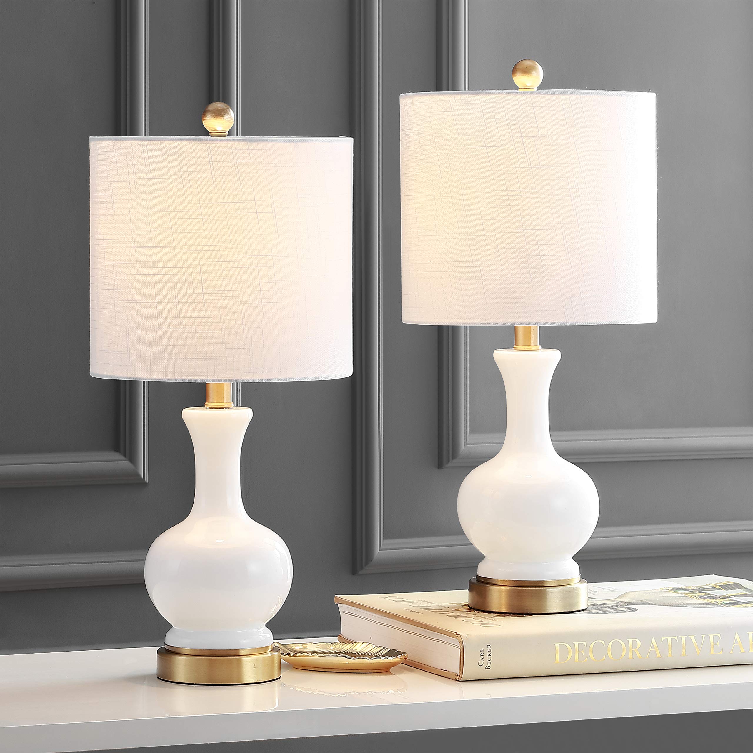 JONATHAN Y 22in Glass/Metal LED Table Lamps Set of 2, Contemporary Nightstand Lamps, White/Brass Gold, Model JYL4033A-SET2