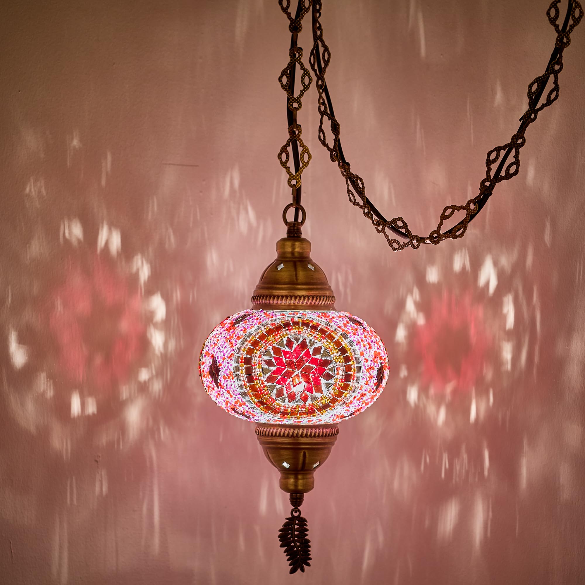 DEMMEX Plug-in Pendant Light – Handcrafted Glass Mosaic Fixture, Vintage Tiffany Style, 15ft Cord, Pink - Red, Model: DEMMEXSWAG1