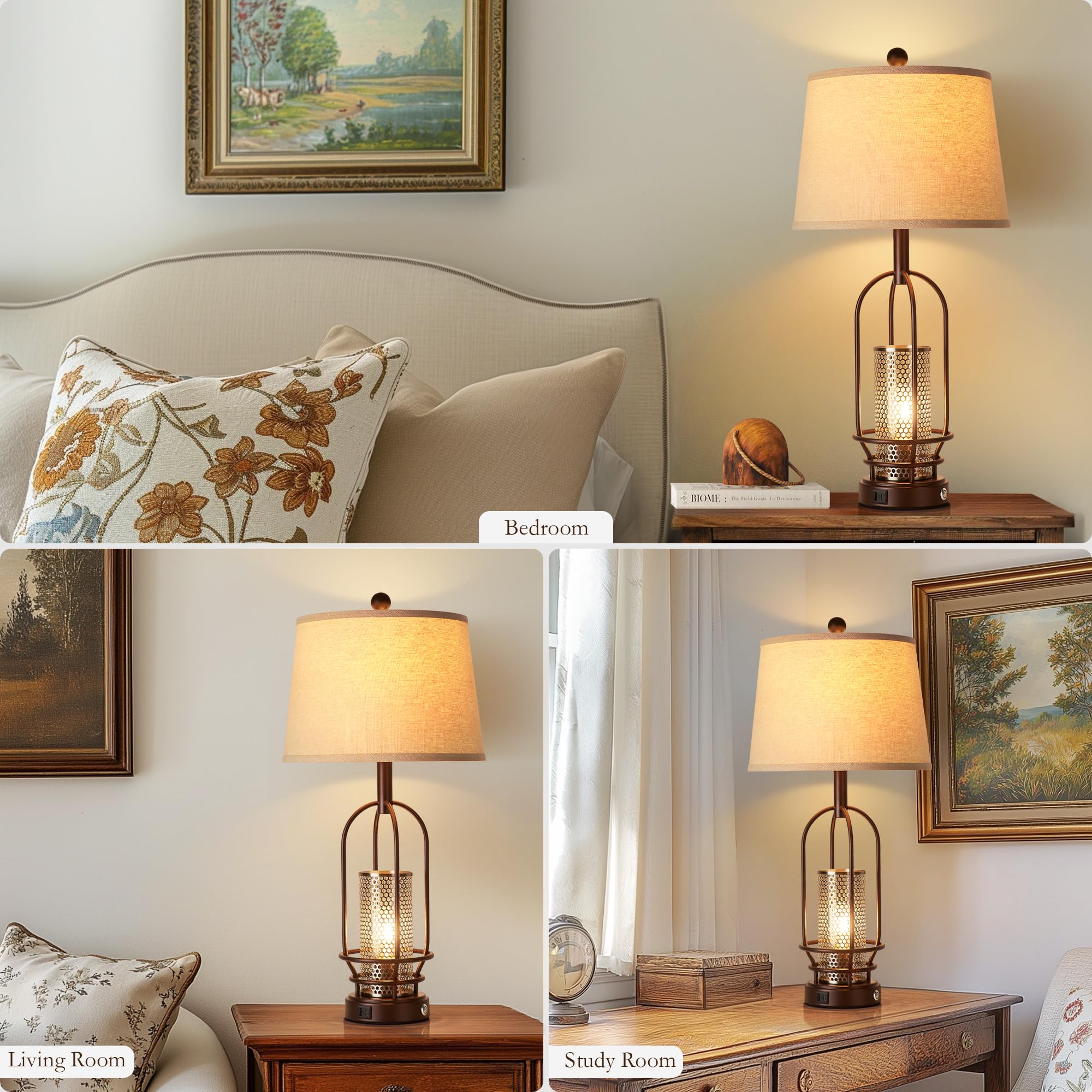 Srjja 28'' Table Lamps For Living Room Set Of 2, Retro Farmhouse 3-Way Dimmable Industrial Touch Bedside Lamps With Usb A+C For