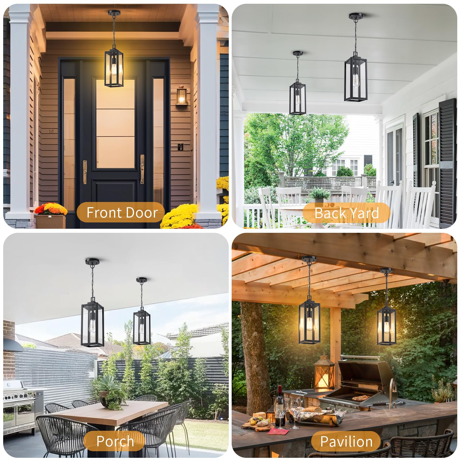 MYHXQ 15" Motion Sensor Outdoor Pendant Light, Black Aluminum Chandelier for Porch & Yard, Model MY-CL216A-BK