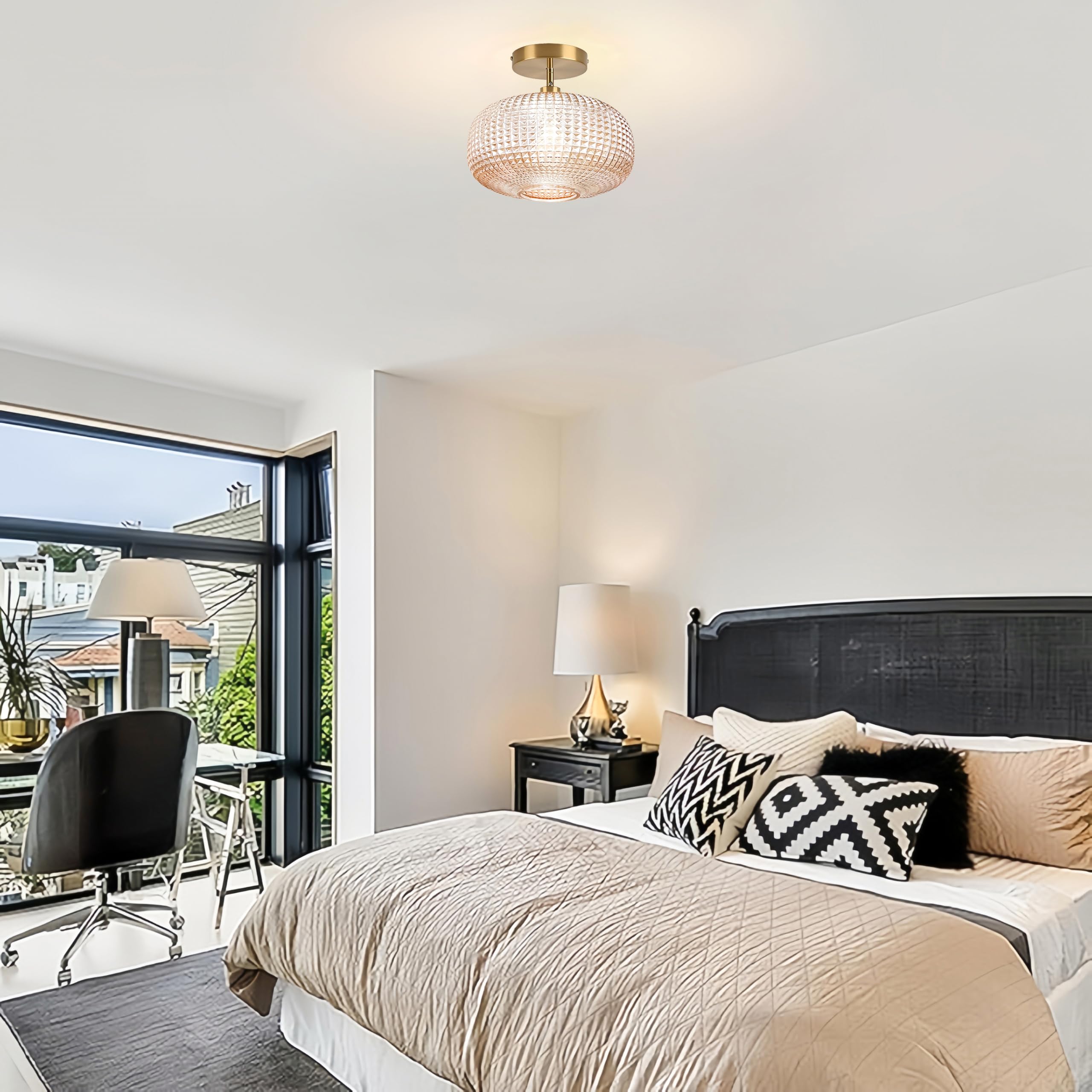 Jolydoly Semi Flush Mount Ceiling Light Vintage Small Ceiling Light Fixture Hallway Lighting Fixture With Amber Glass Shade Art Deco Kitchen Lighting Fixtures Ceiling For Bedroom Bathroom Porch